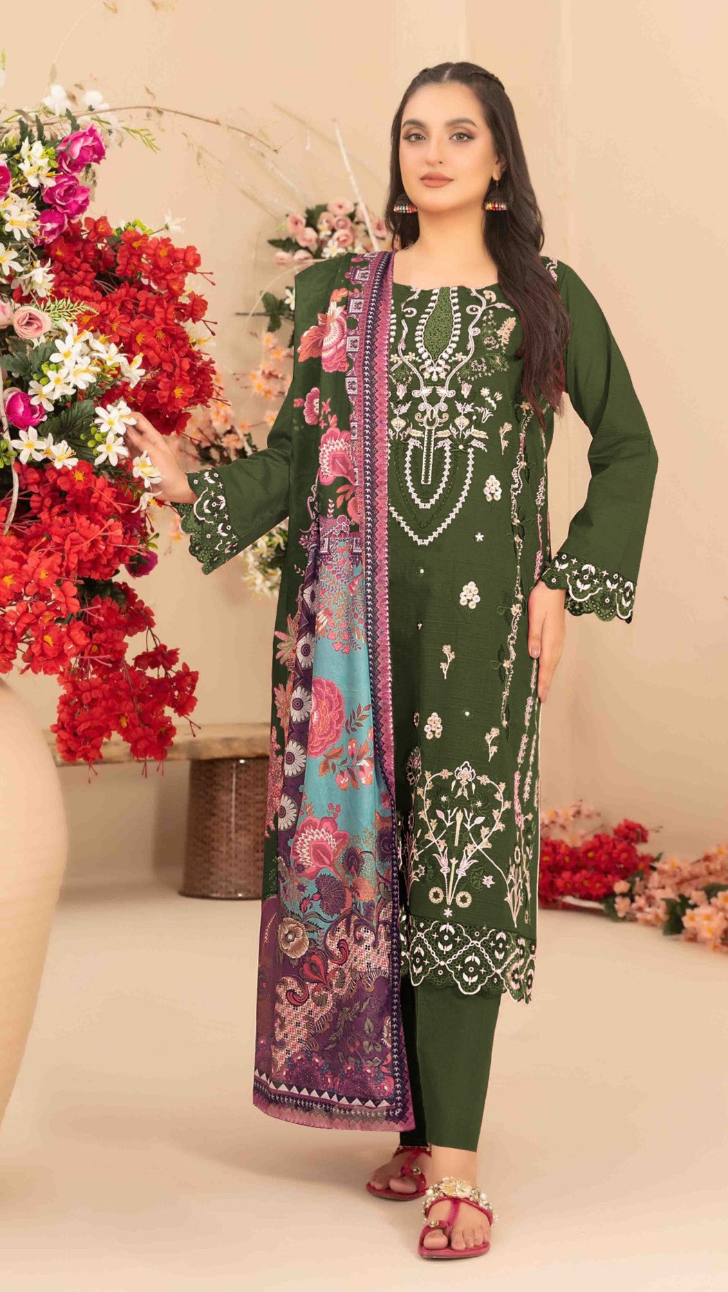 Green Cotton Designer Suit Set With Elegant Embroidery