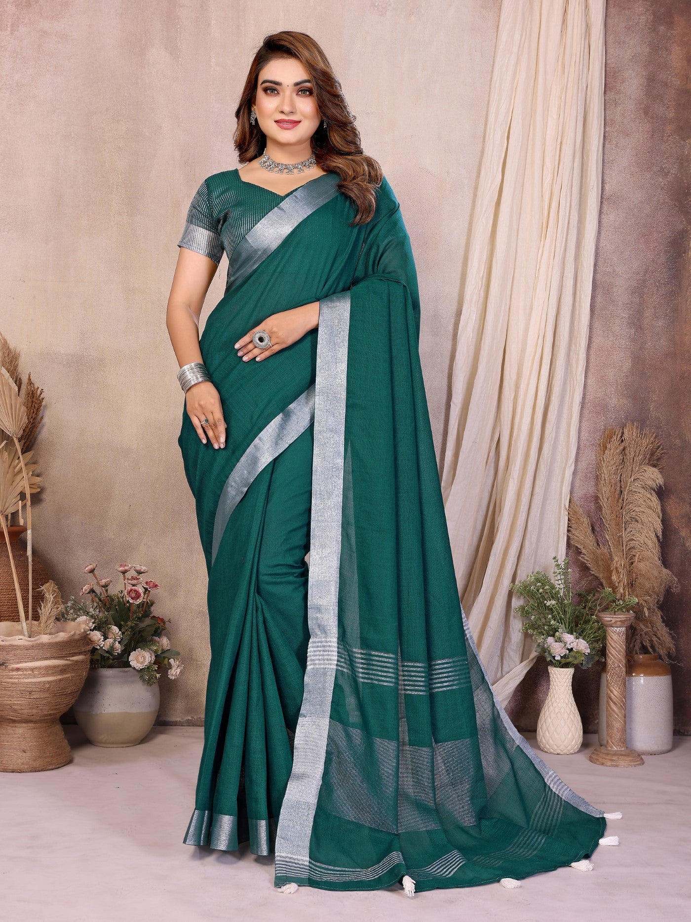 Green Cotton Saree With Designer Silver Zari Border