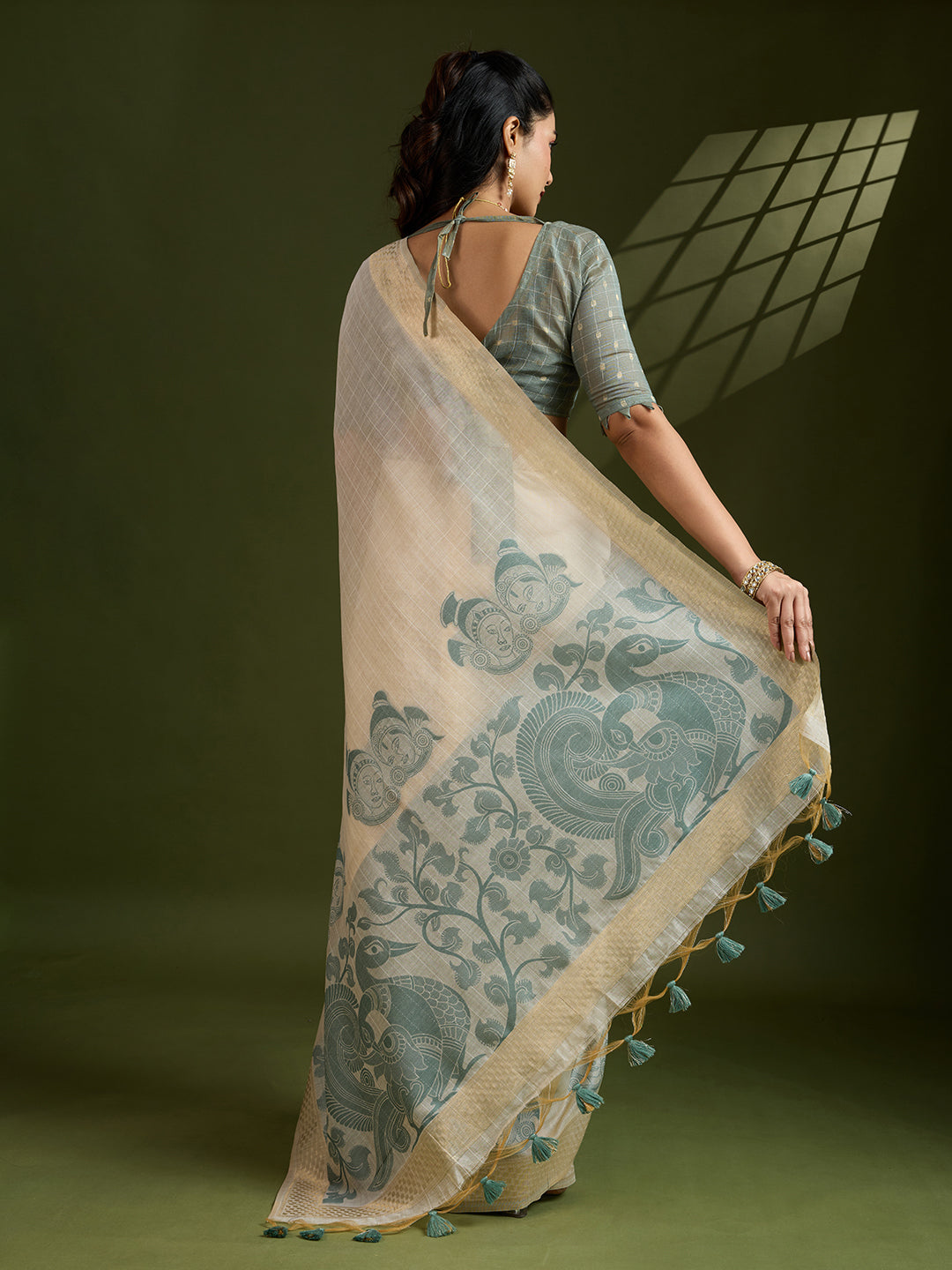 Green Cotton Saree with Self Checks and Kalamkari Pallu