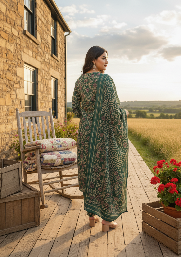 Green Cotton Silk Designer Suit Set With Elegant Embroidery