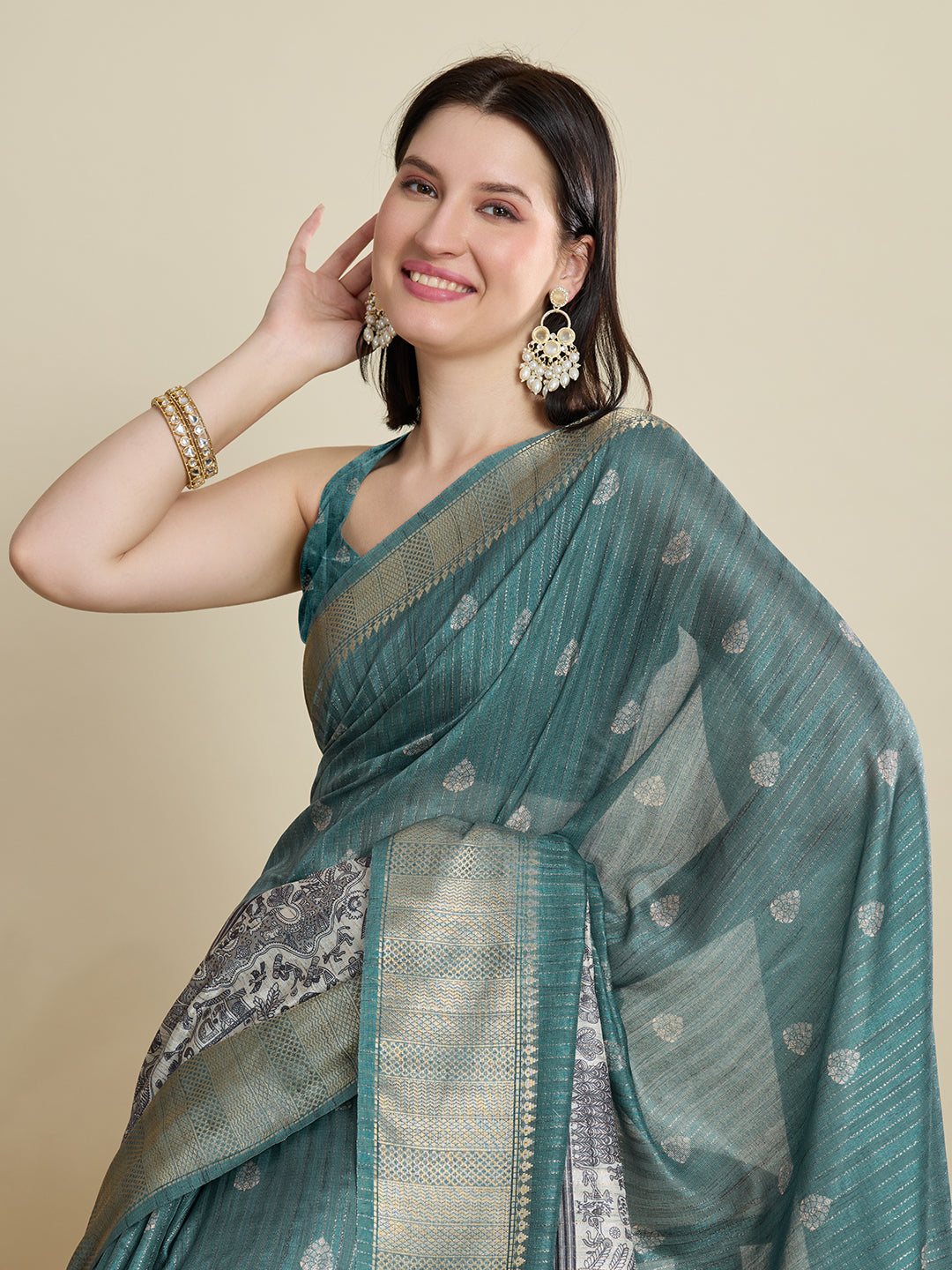 Green Cotton Woven Border Designer And Printed Ceremonial Saree
