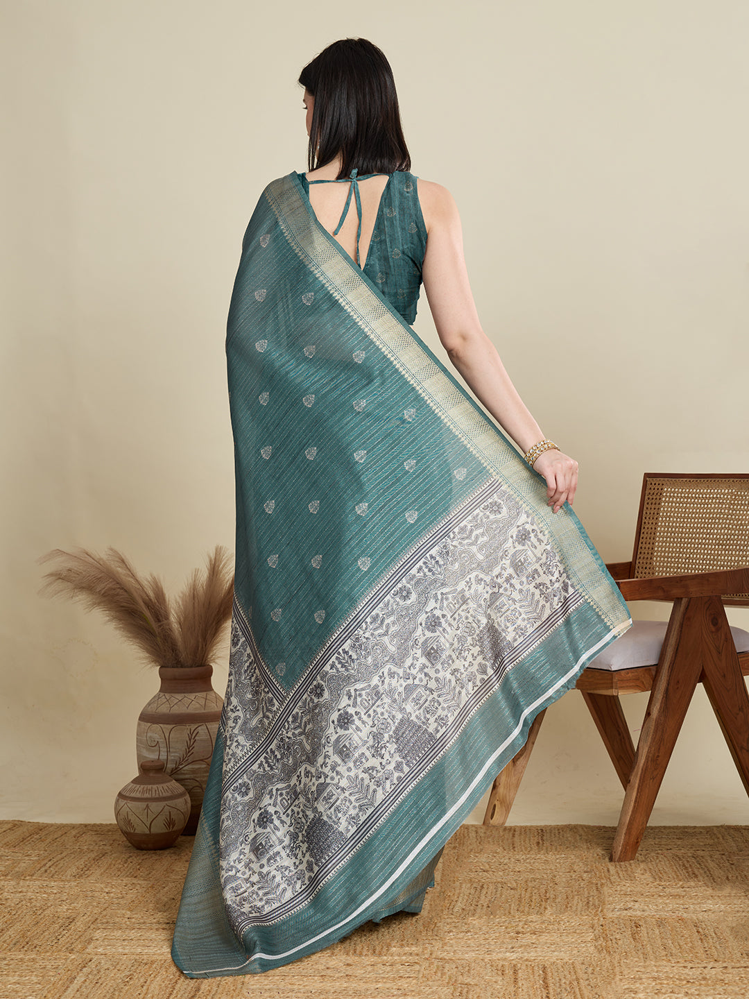 Green Cotton Woven Border Designer And Printed Ceremonial Saree
