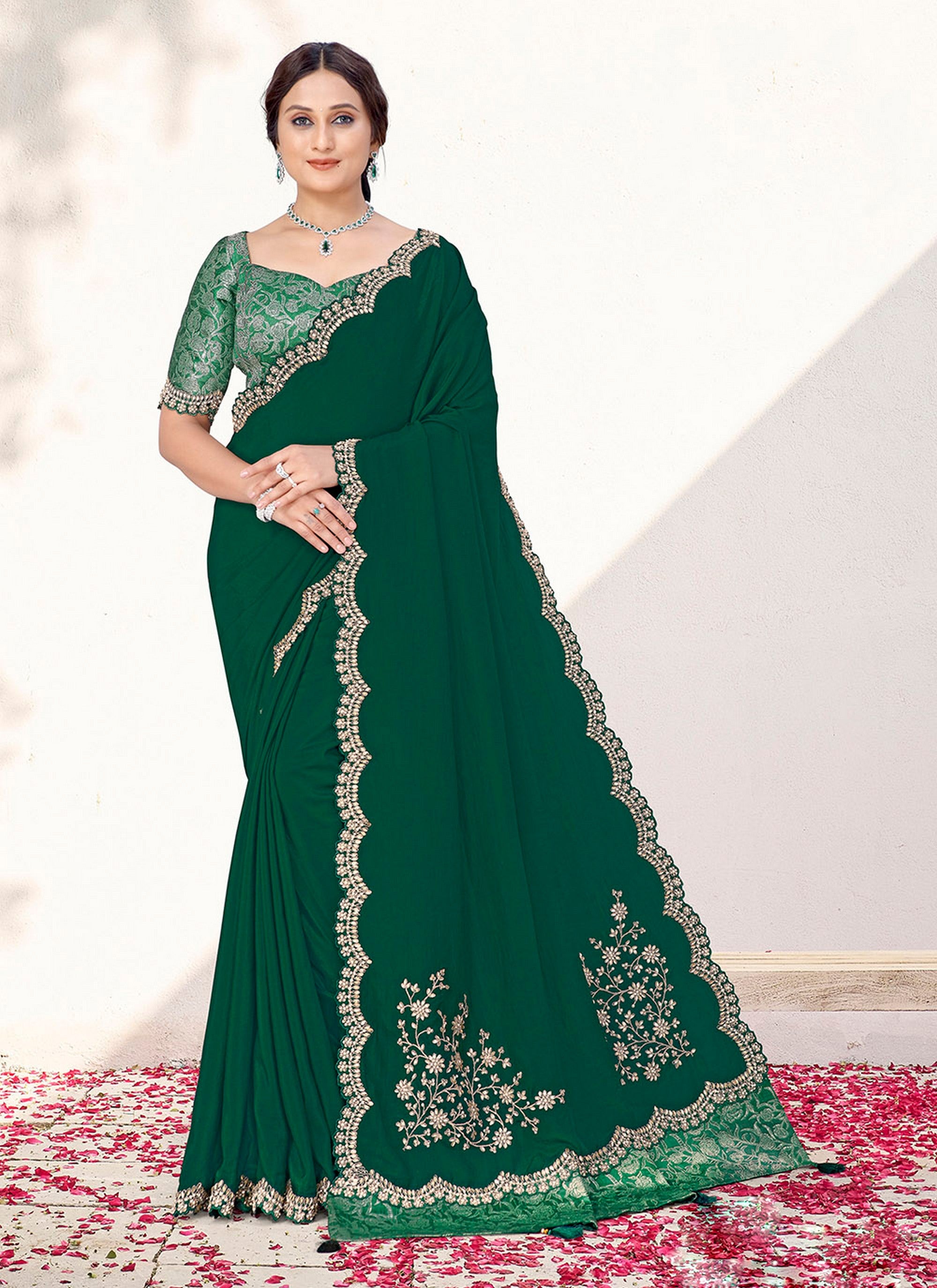 Green Crepe Silk Heavy Embroidery Work Wedding Wear Saree