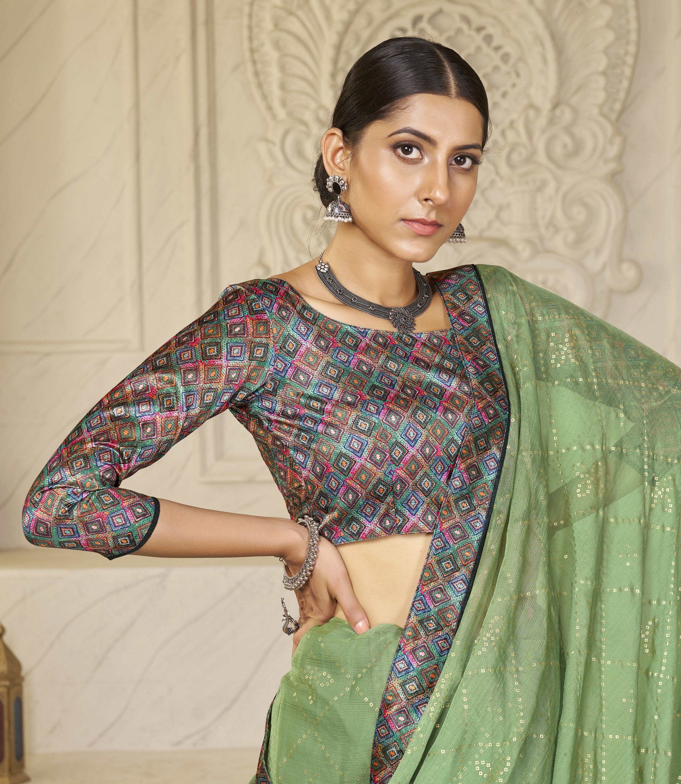 Green Designer Digital Foil Printed Bollywood Style Chiffon Saree