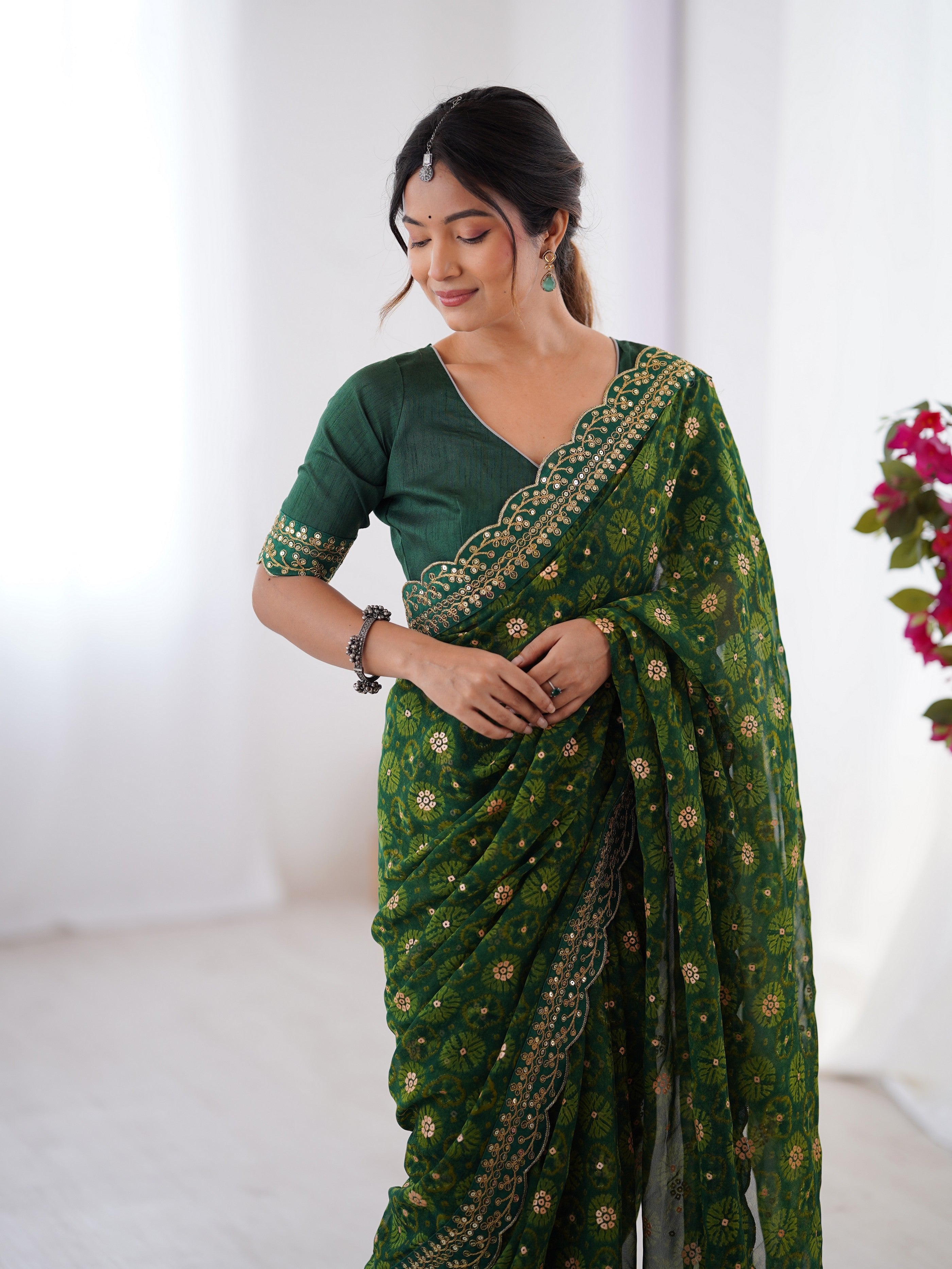 Green Designer Printed With Embroidery Lace Work Georgette Festive Saree