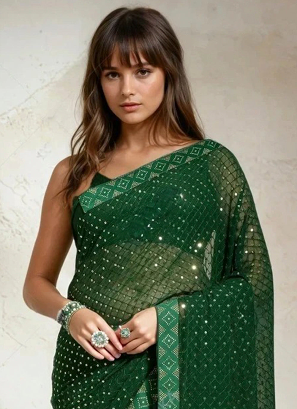 Green Designer Sequins Embroidery Work Georgette Saree