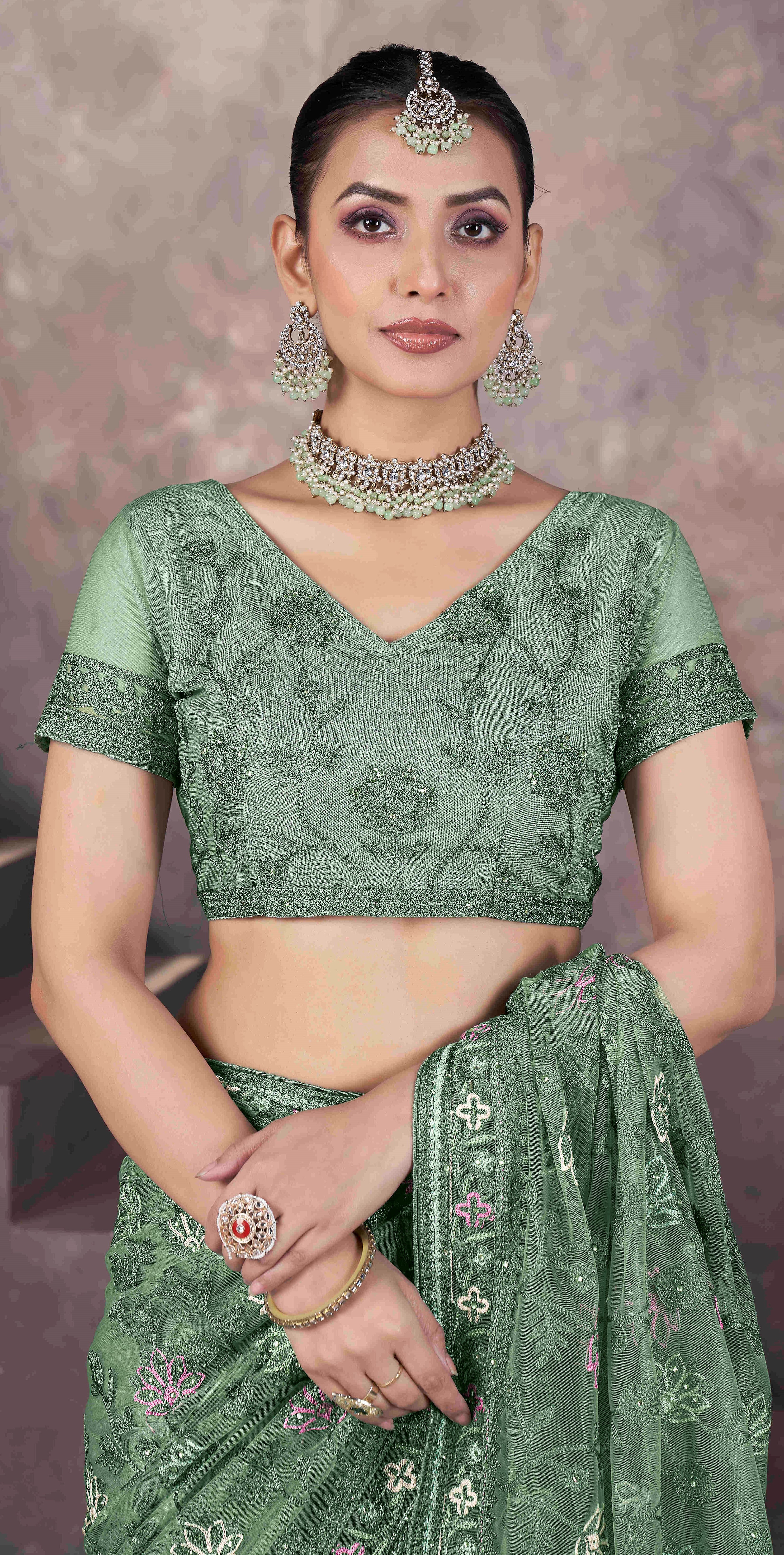 Green Designer Thread Embroidery Work Butterfly Net Ceremonial Saree
