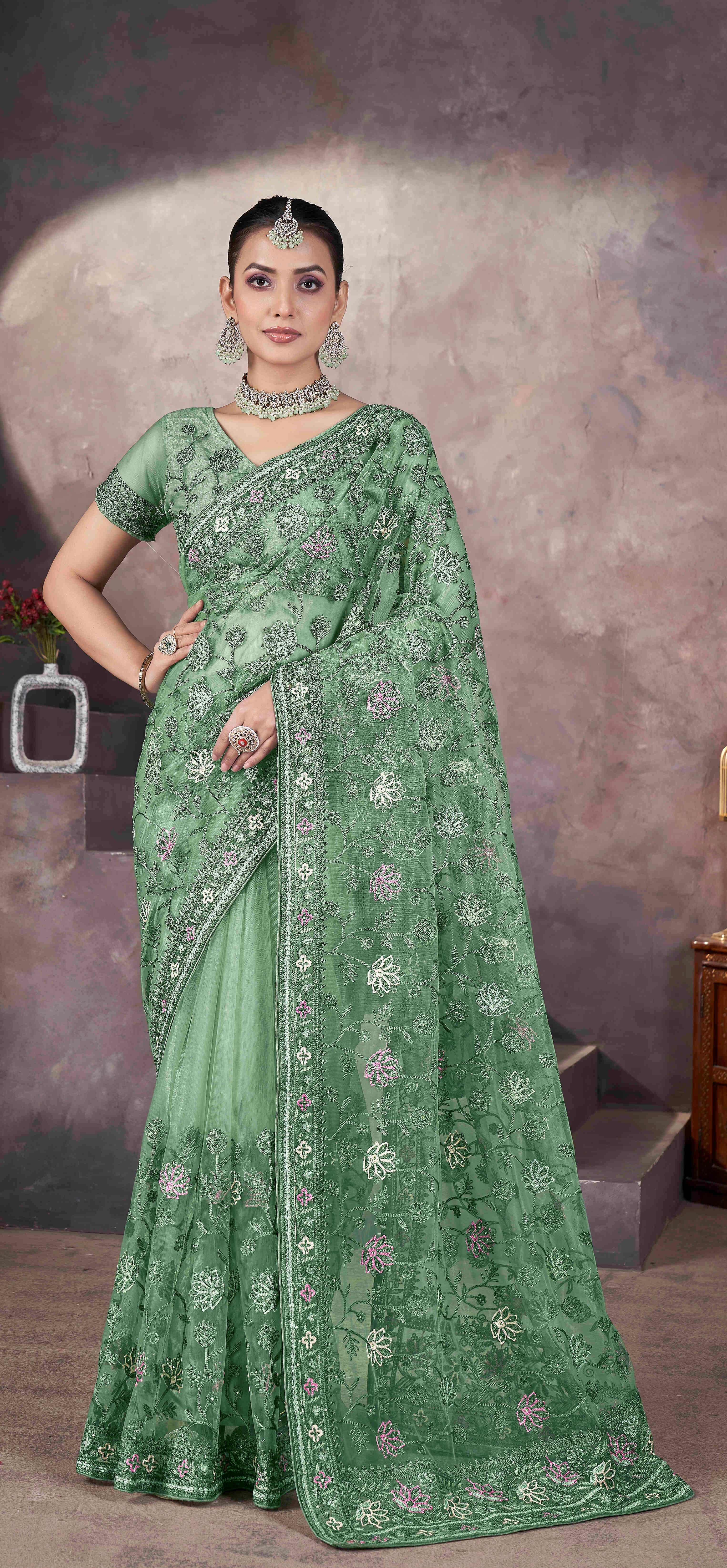 Green Designer Thread Embroidery Work Butterfly Net Ceremonial Saree