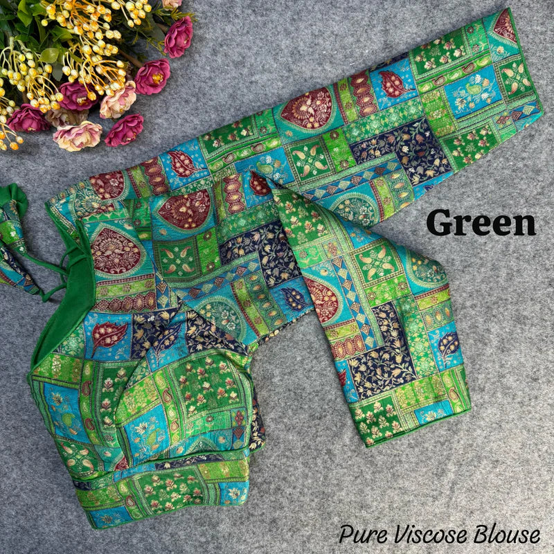 Green Designer Vintage Blouse in Pure Viscose Jacquard with Long Sleeves & Position Print