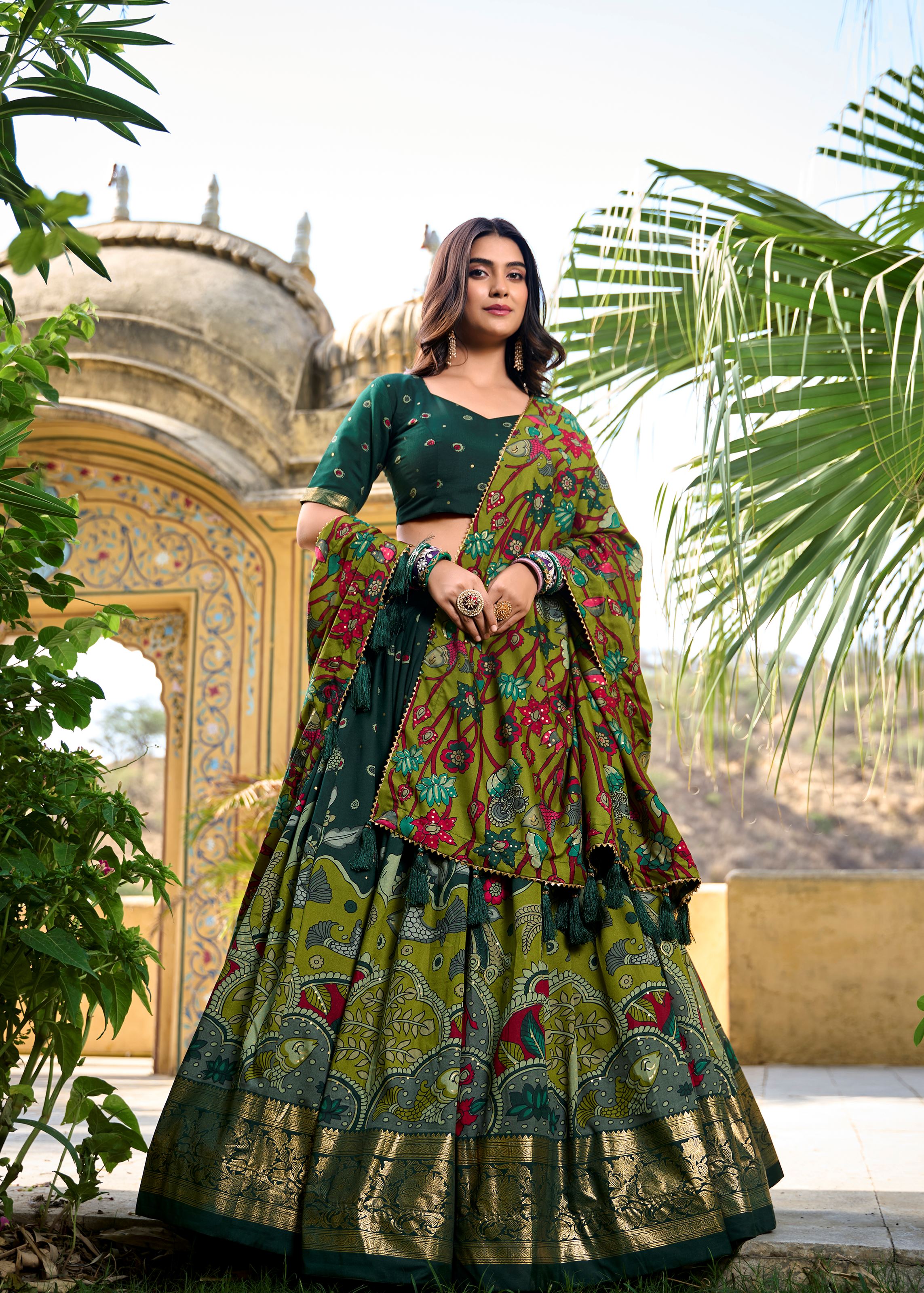 Green Elegance- Tussar Silk Kalamkari Print Lehenga with Foil Work Finish