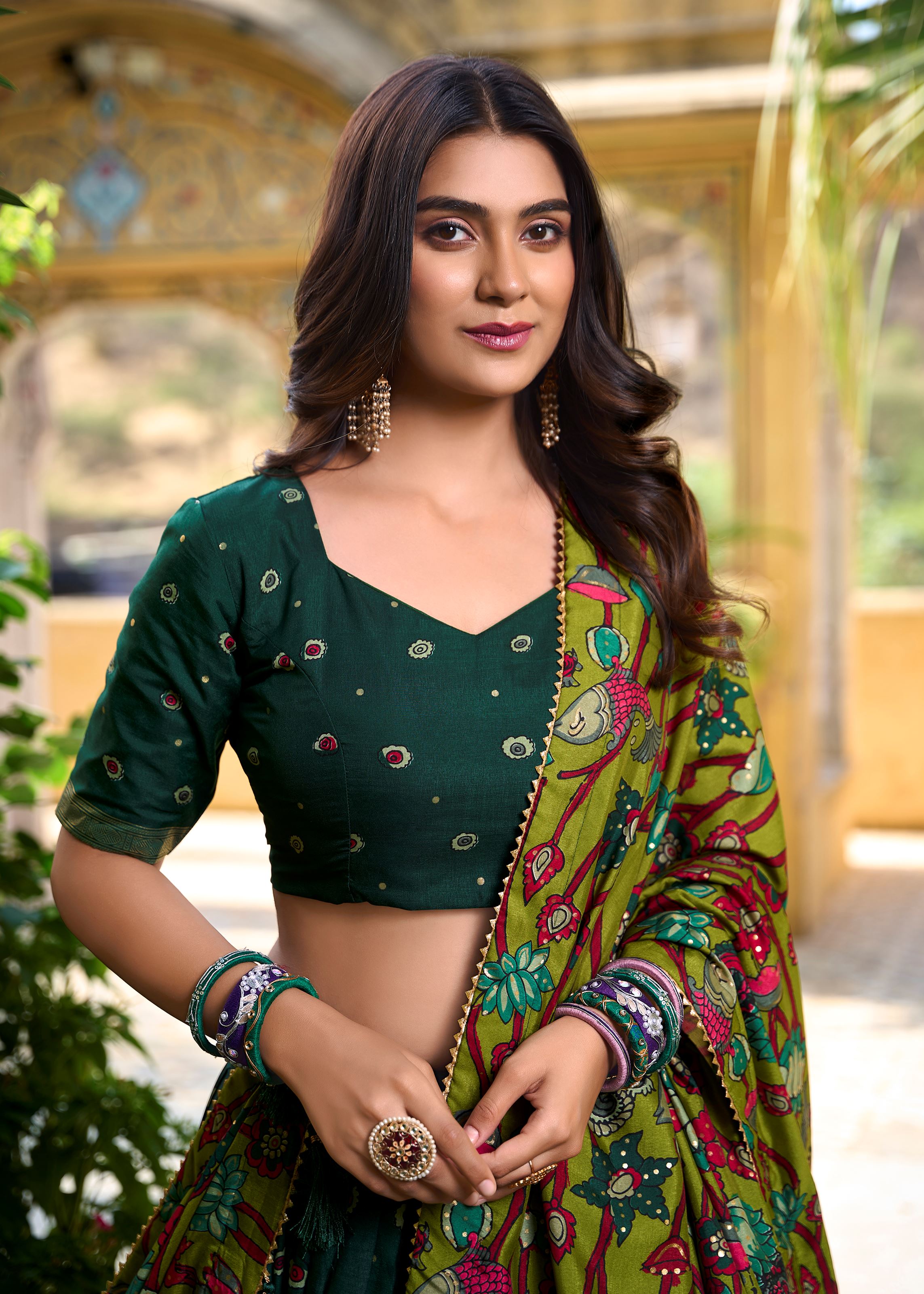 Green Elegance- Tussar Silk Kalamkari Print Lehenga with Foil Work Finish