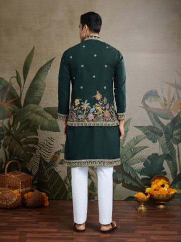 Green Embroidered Kurta with Jacket for Ceremonial Look