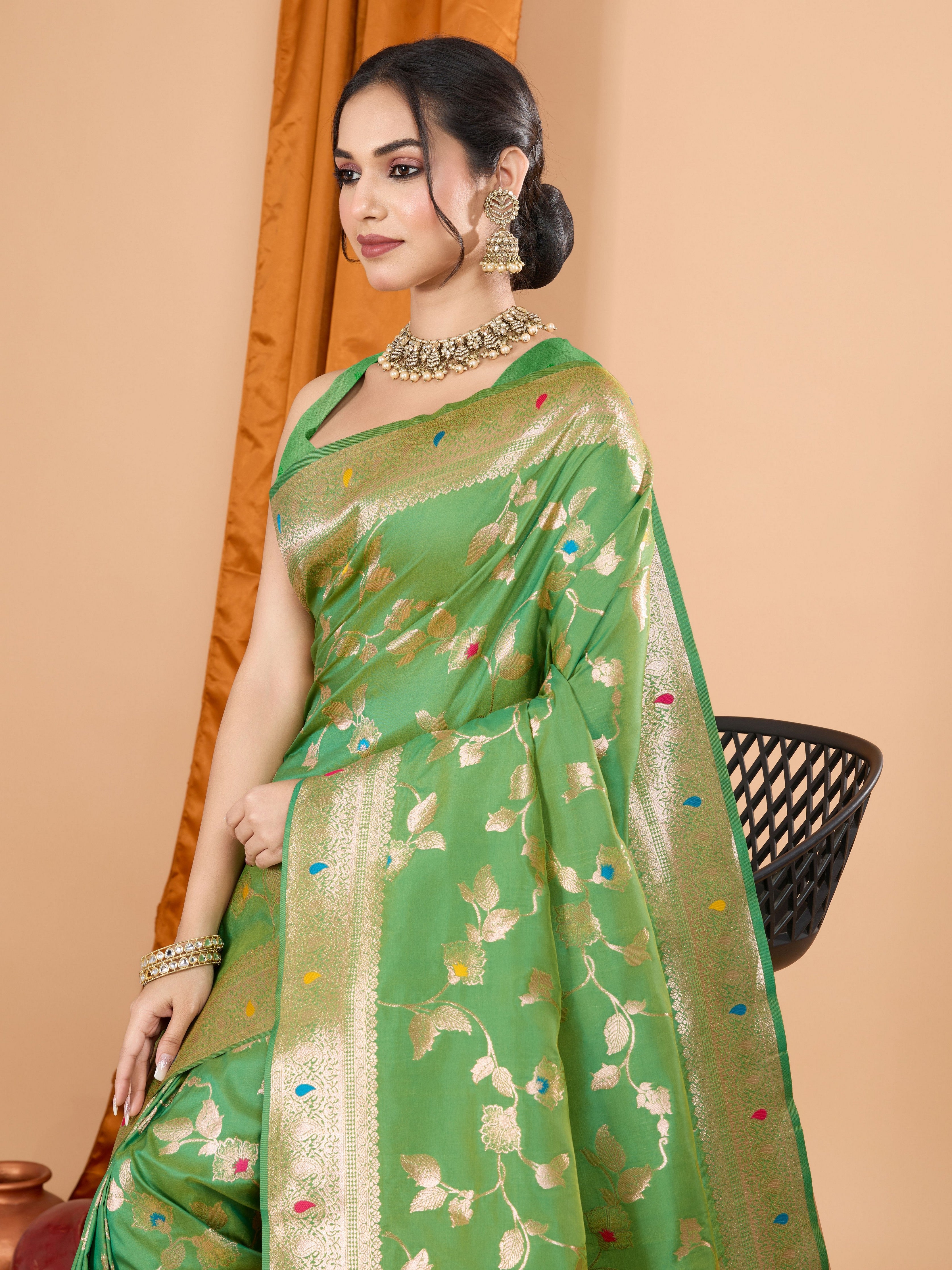 Green Ethnic Banarasi Silk Saree With Woven Jari Designer Work