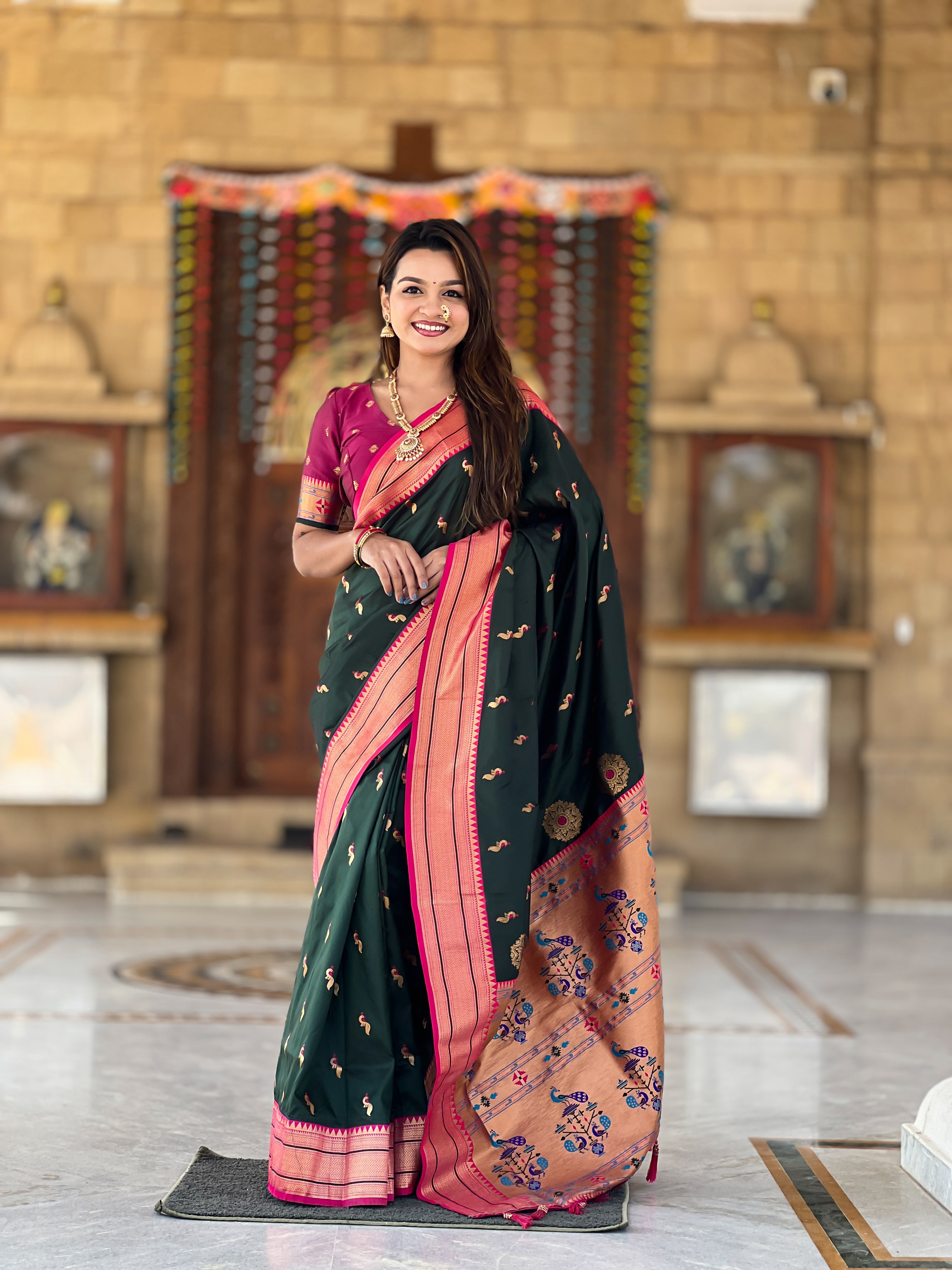 Green Ethnic Paithani Silk Woven Jacquard Designer Ceremonial Fancy Saree
