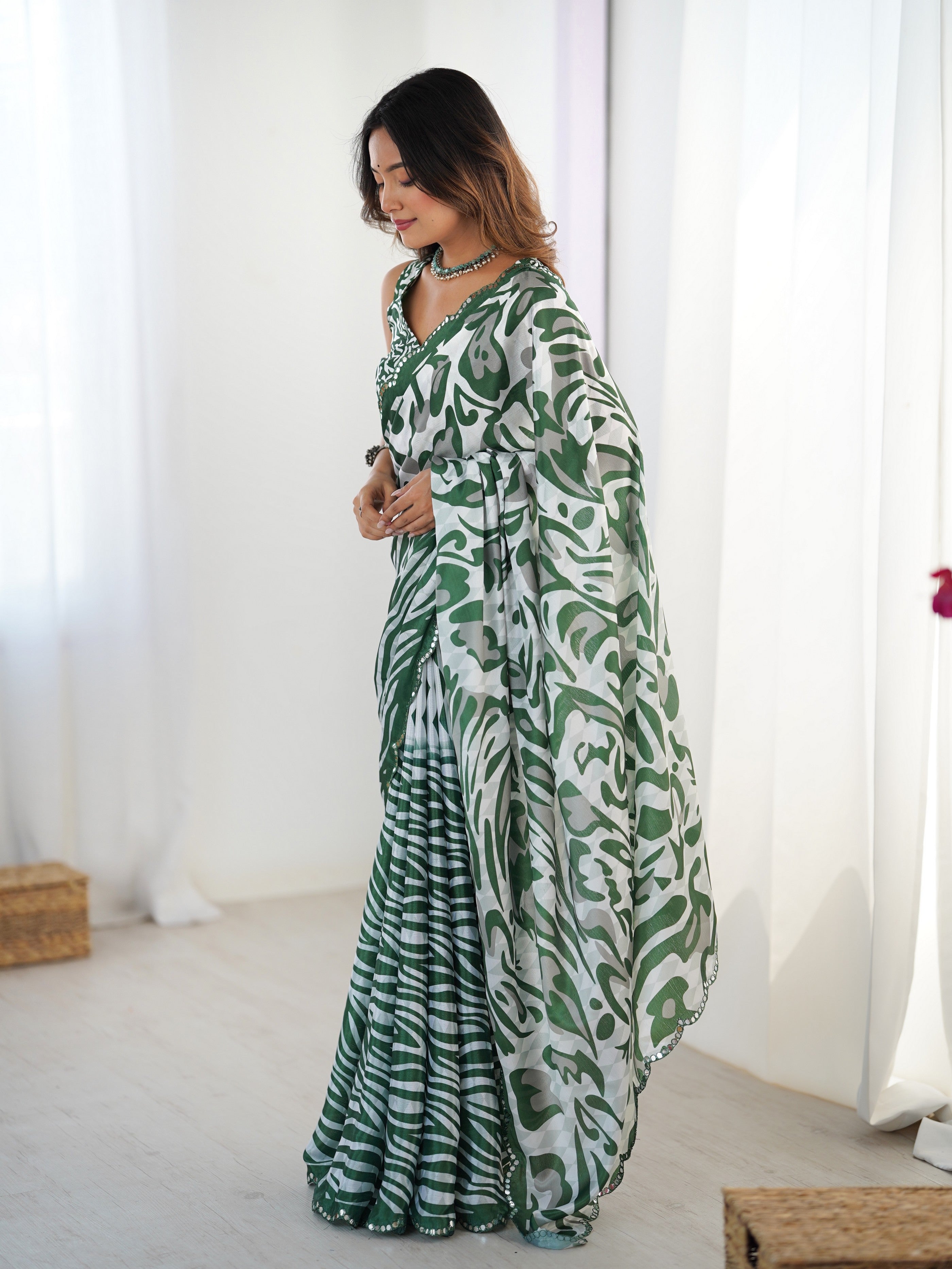 Green Ethnic Partywear Digital Printed Saree With Stylish Cut Border