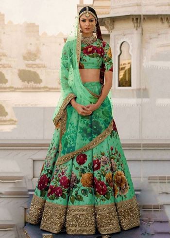 Green Floral Digital Printed Art Silk Bridal Lehenga Choli
