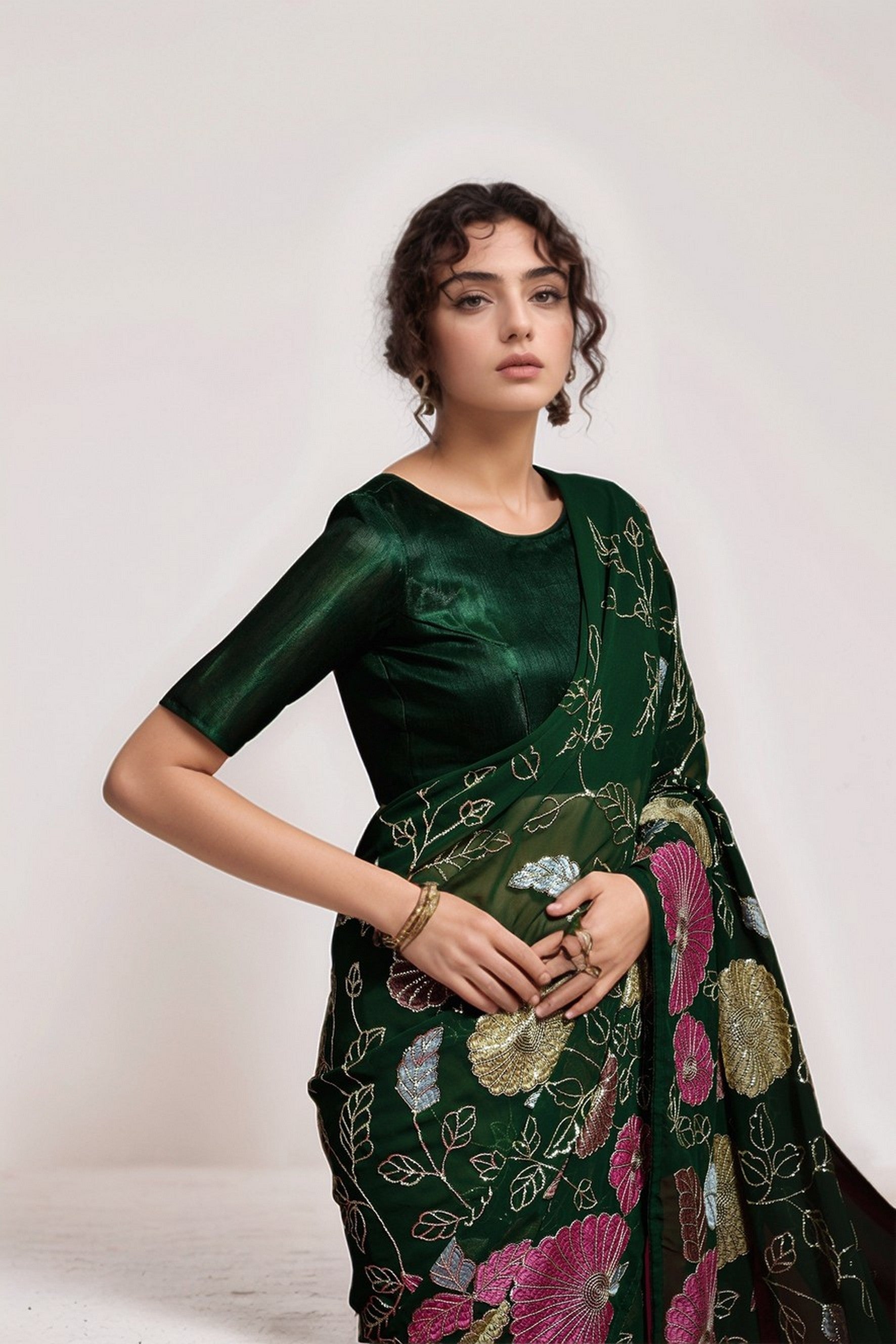 Green Georgette Bollywood Style Sequins Embroidery Work Saree