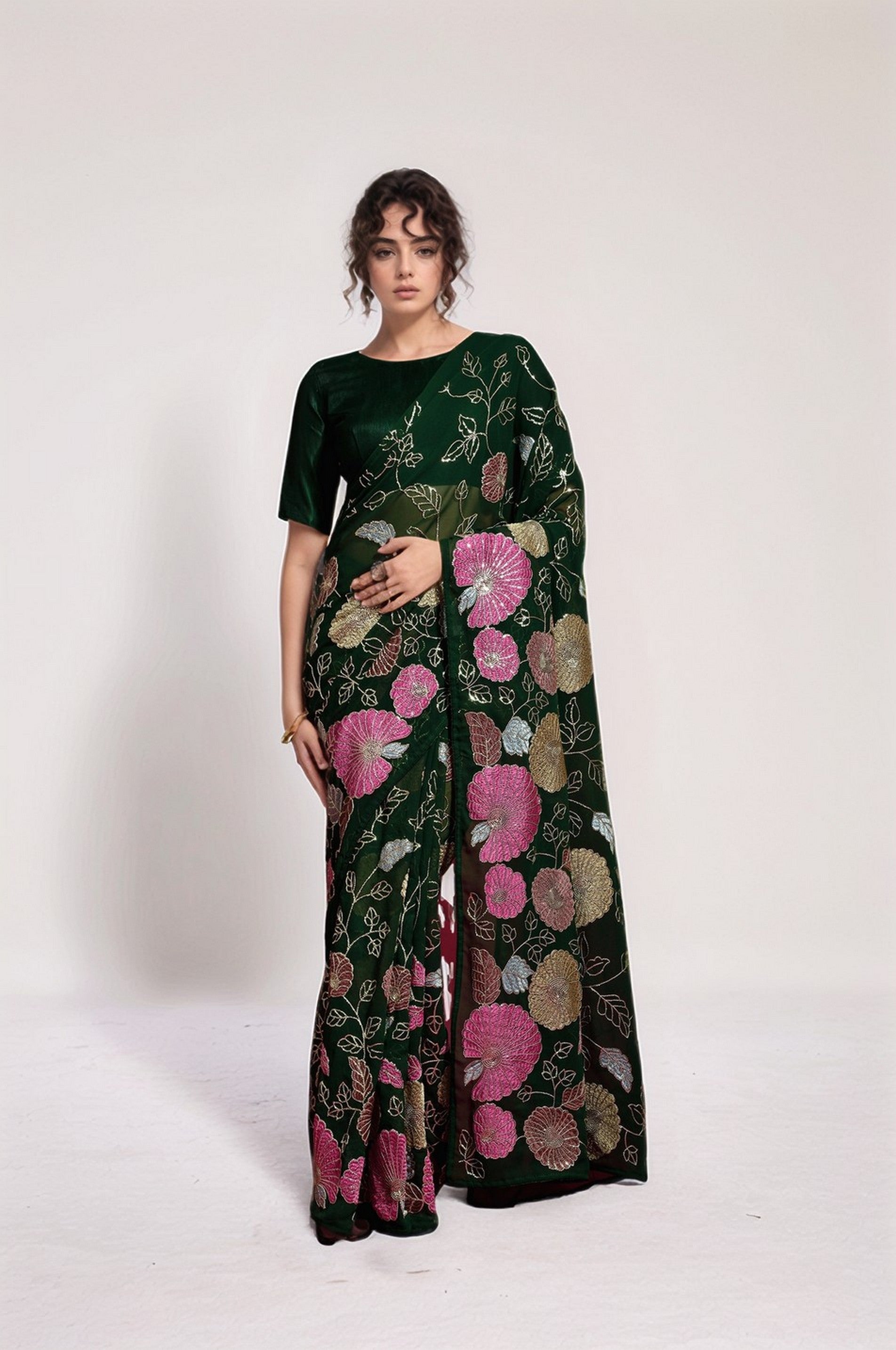 Green Georgette Bollywood Style Sequins Embroidery Work Saree