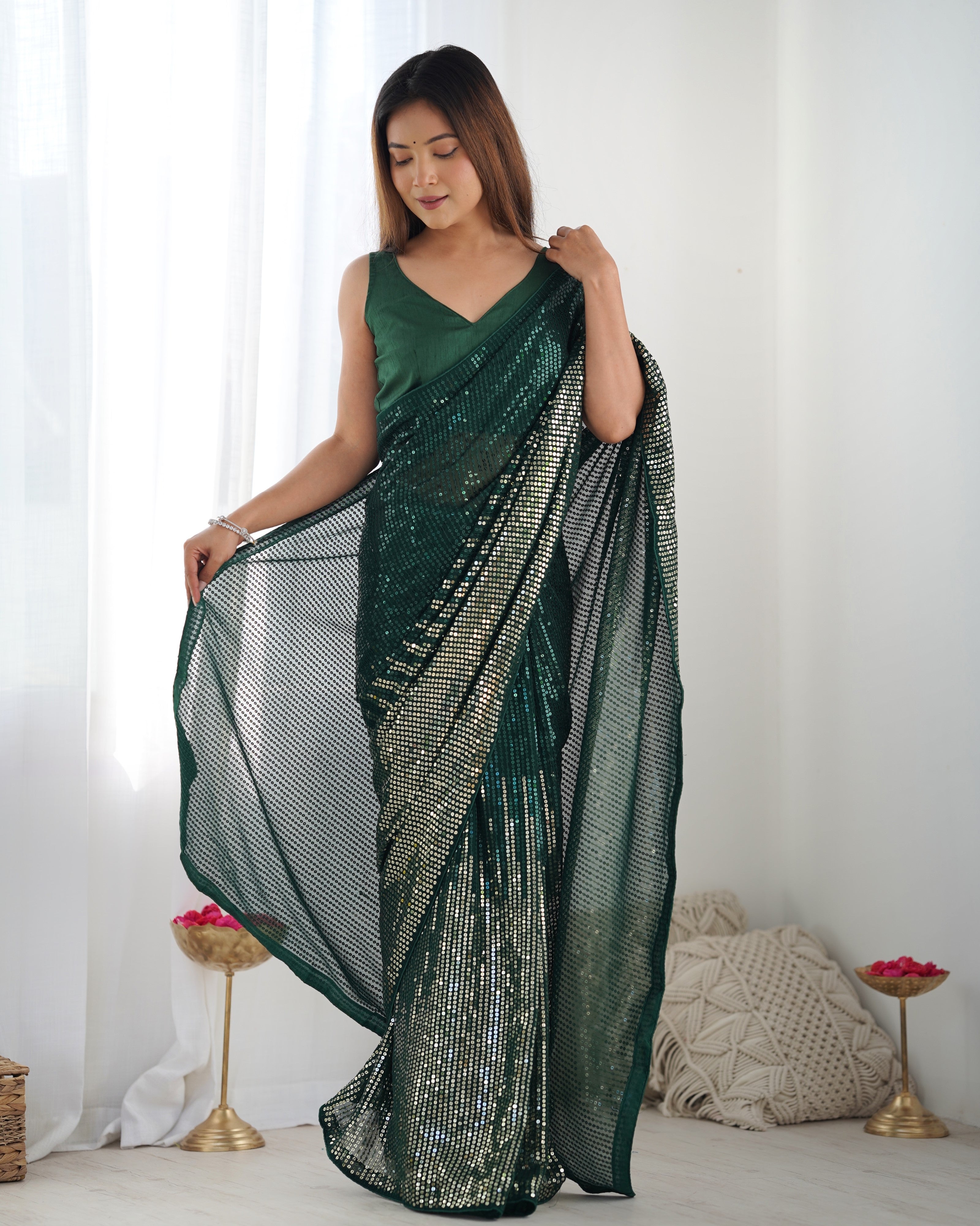 Green Georgette Designer Sequance Embroidery Work Bollywood Style Partywear Saree