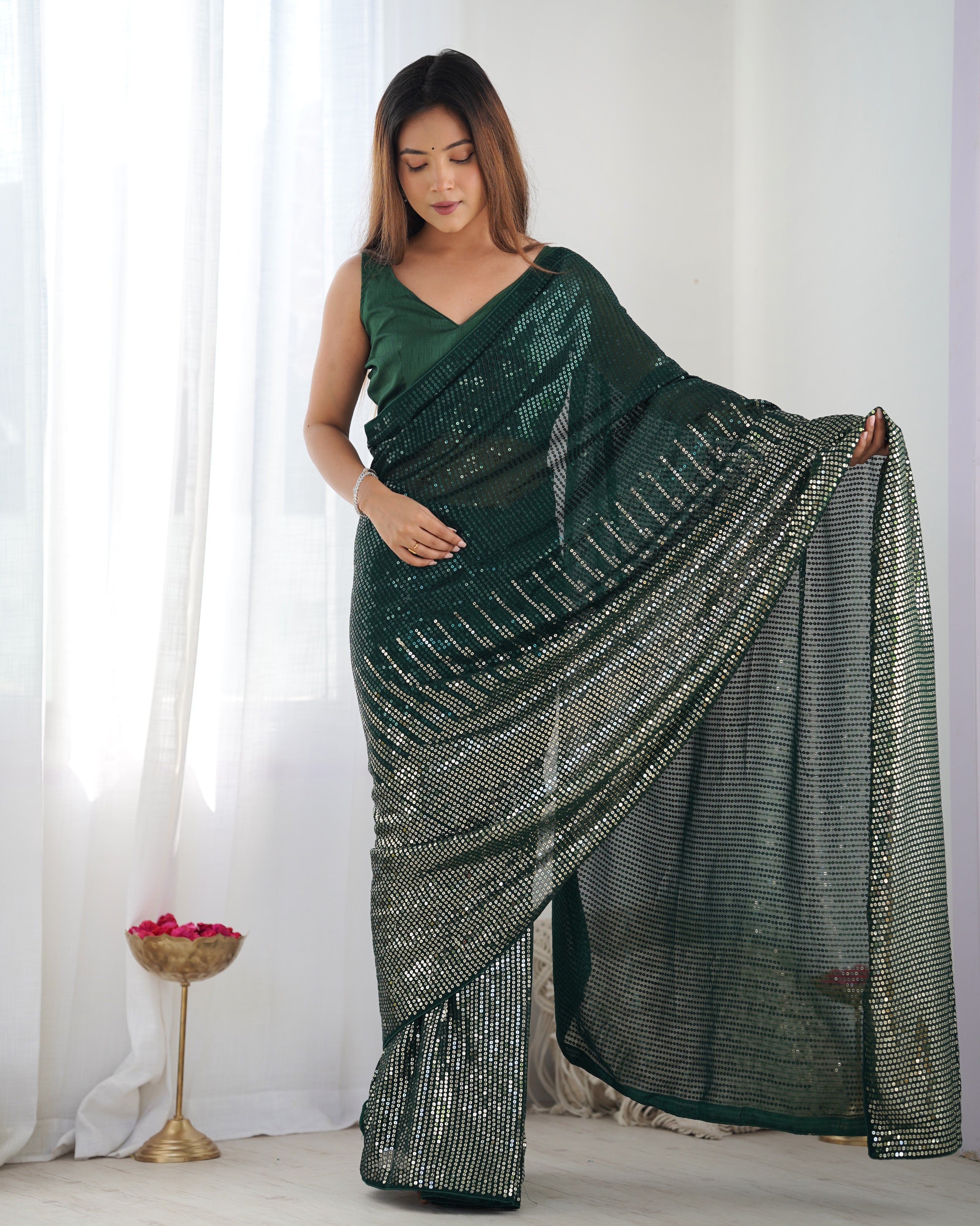 Green Georgette Designer Sequance Embroidery Work Bollywood Style Partywear Saree