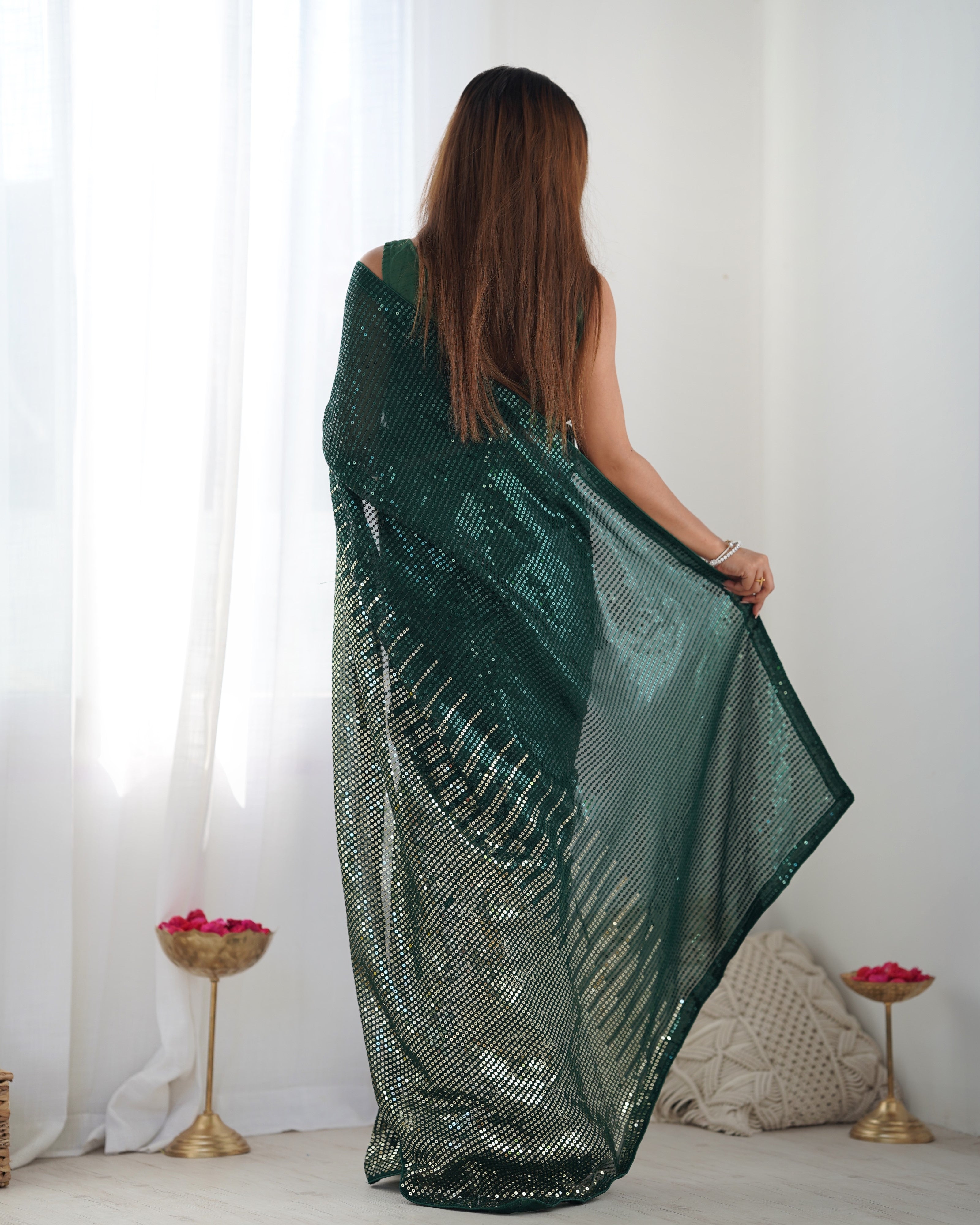 Green Georgette Designer Sequance Embroidery Work Bollywood Style Partywear Saree