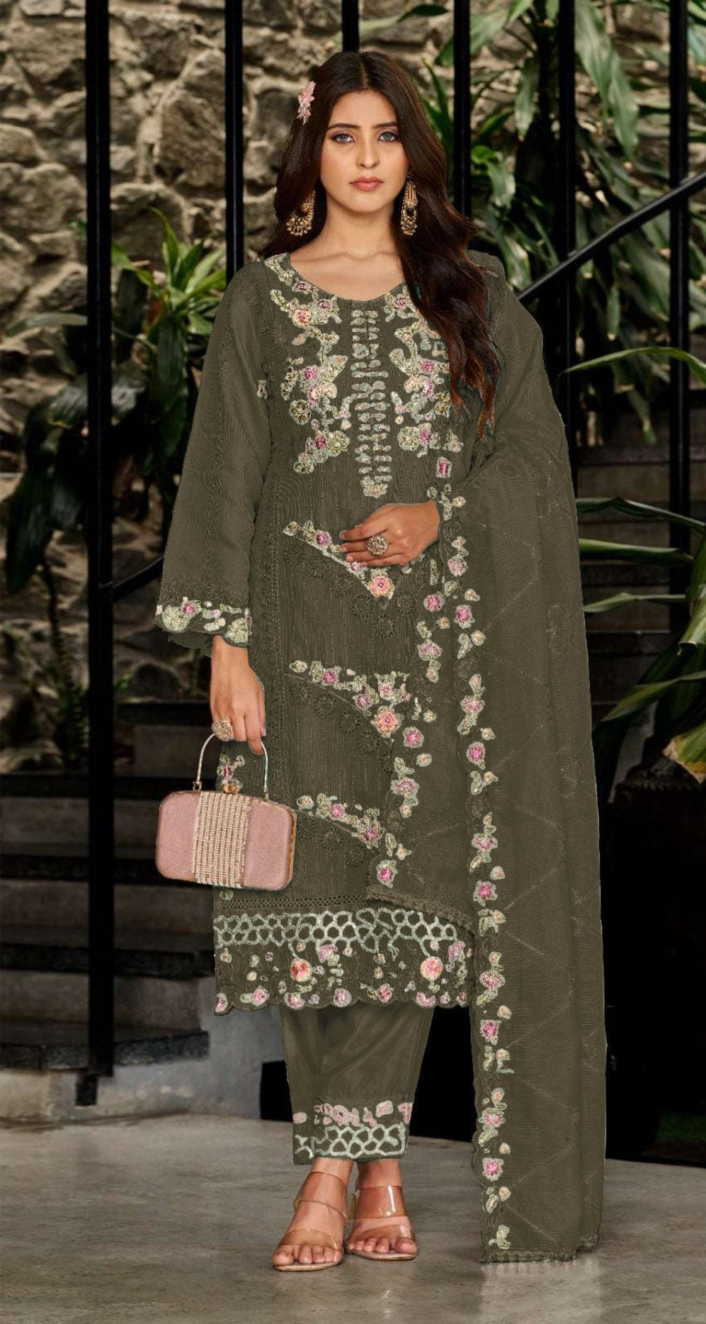 Green Georgette Designer Suit Set With Intricate Embroidery