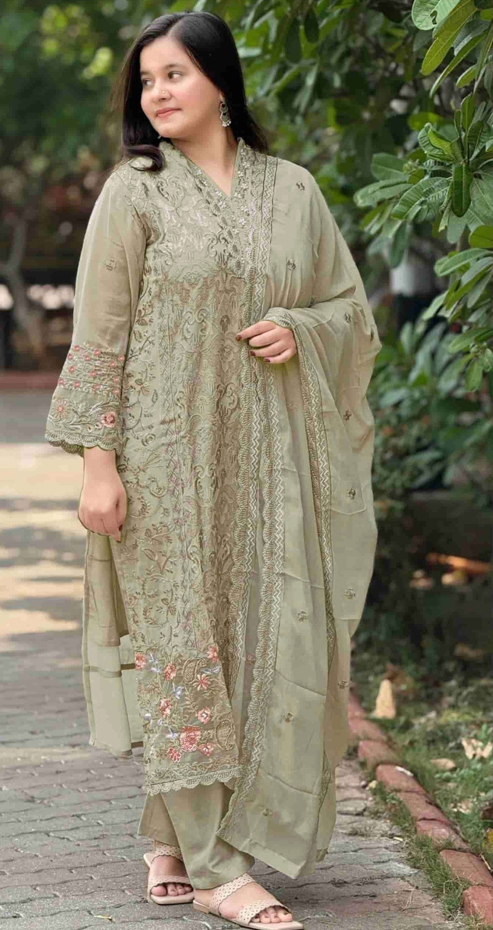 Green Georgette Designer Suit Set With Intricate Embroidery