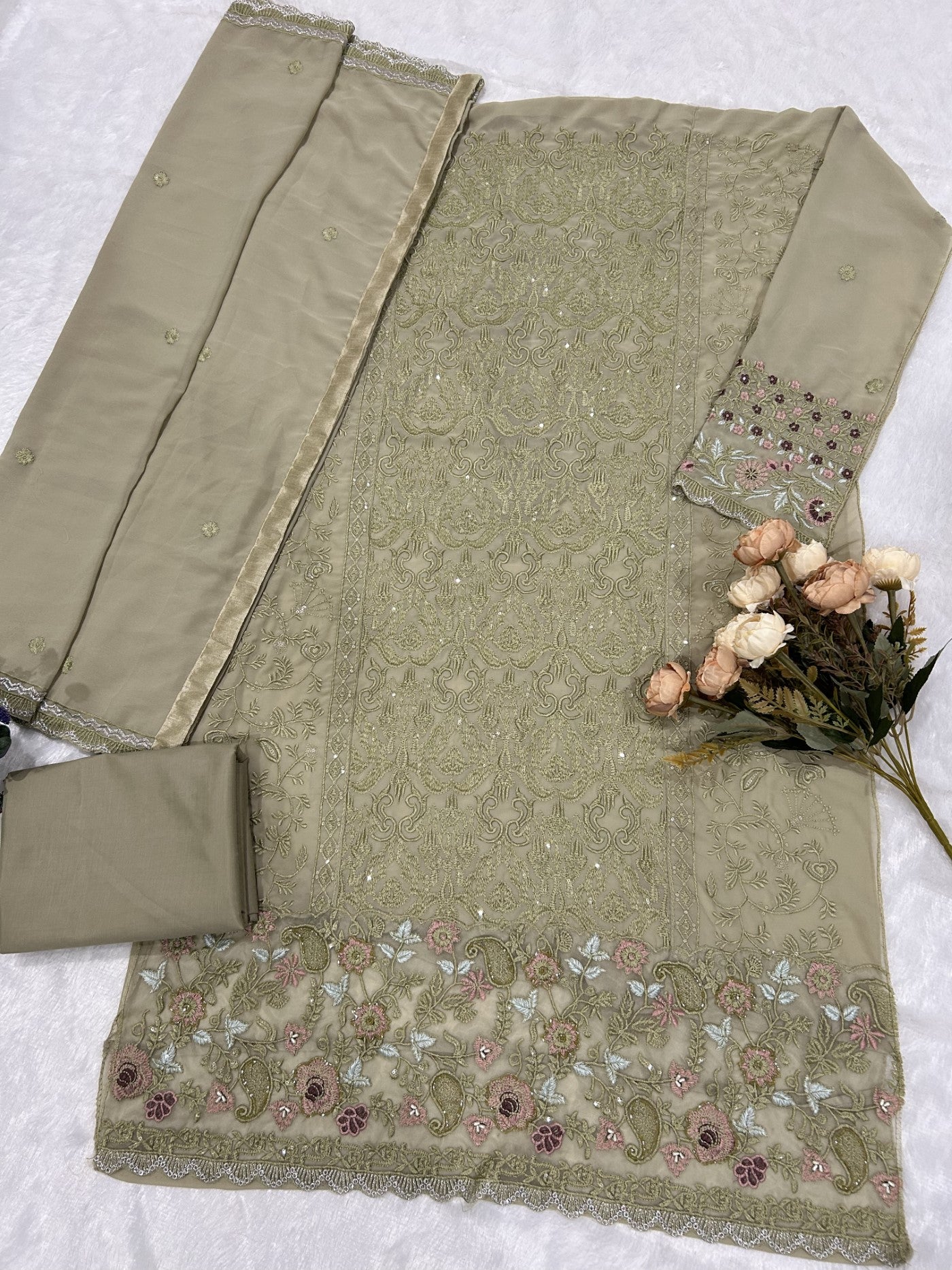 Green Georgette Designer Suit Set With Intricate Embroidery