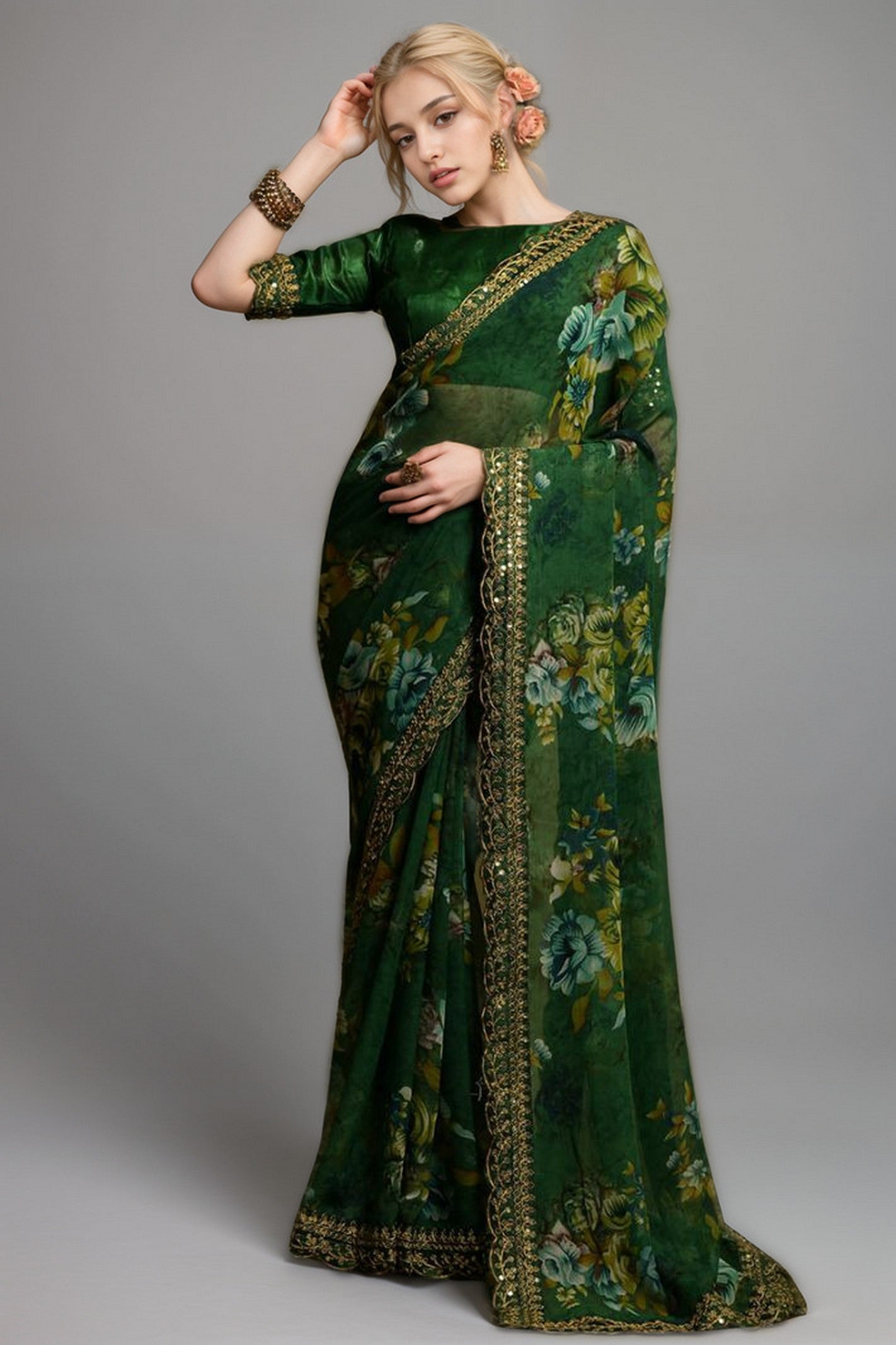 Green Georgette Floral Printed With Embroidered Border Saree