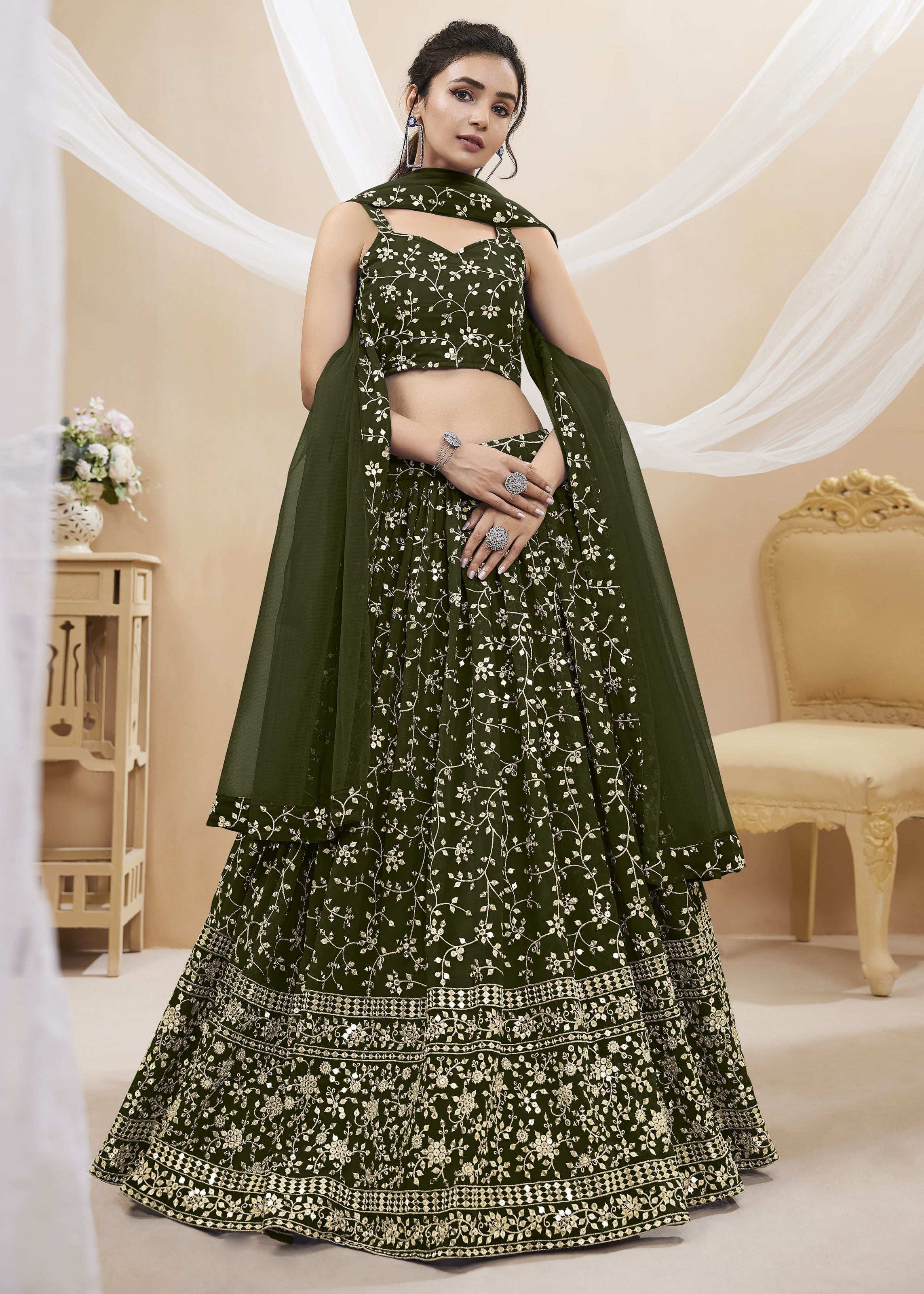 Green Georgette Lehenga Choli With Sequins Zari Embroidered Work