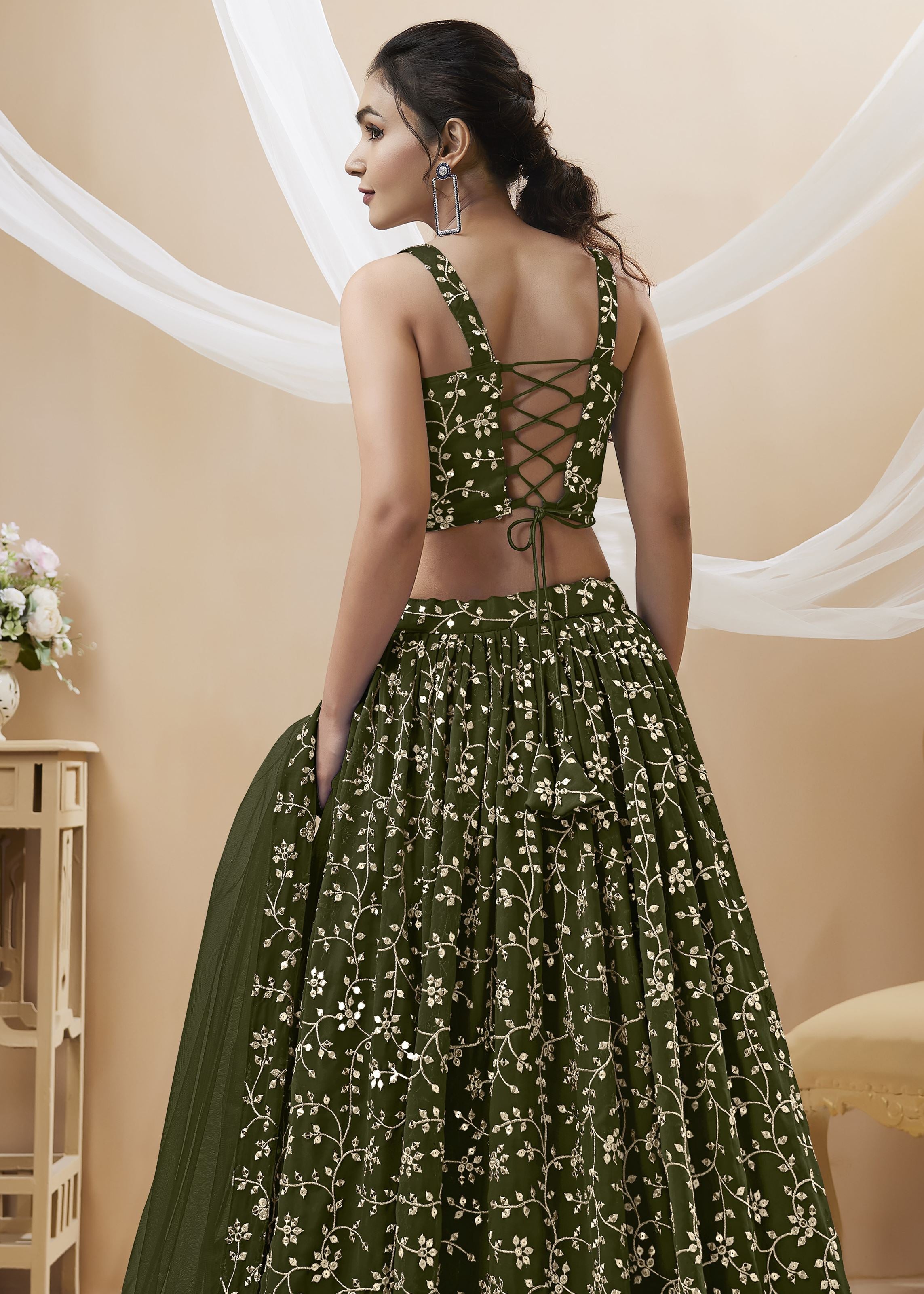 Green Georgette Lehenga Choli With Sequins Zari Embroidered Work