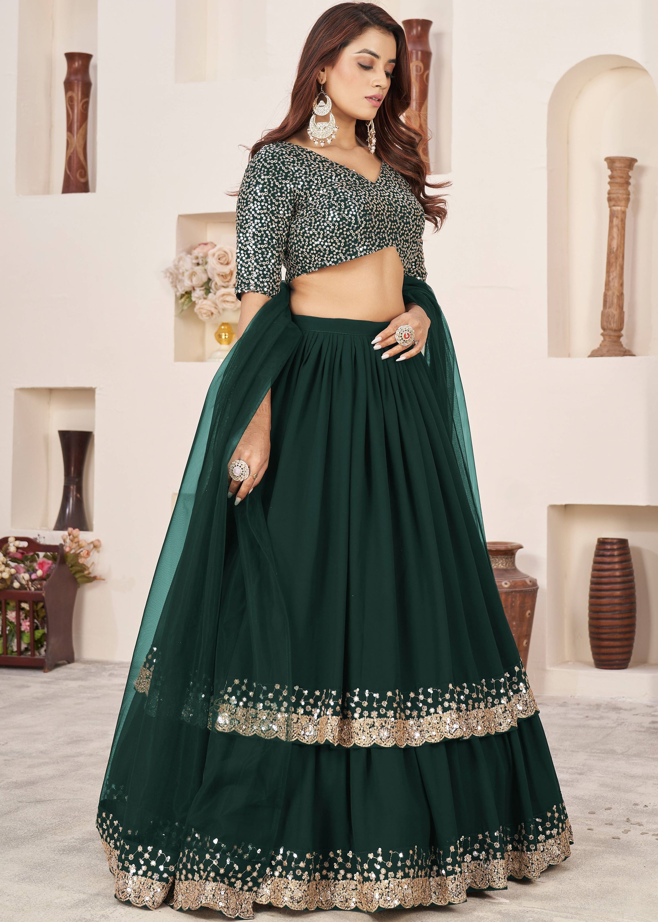 Green Georgette Lehenga Choli With Sequins Zari Embroidered Work