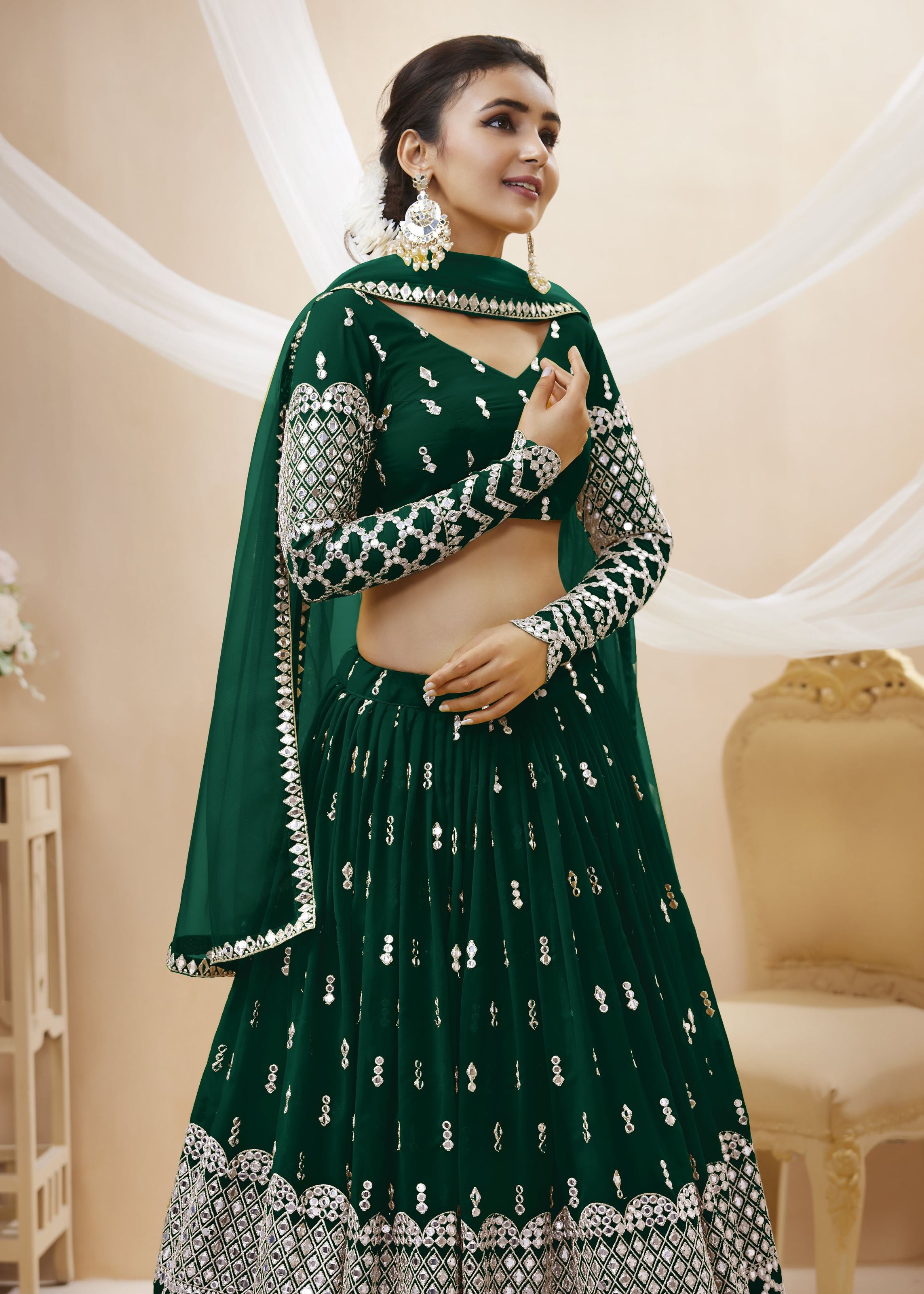 Green Georgette Lehenga Choli With Sequins Zari Embroidered Work