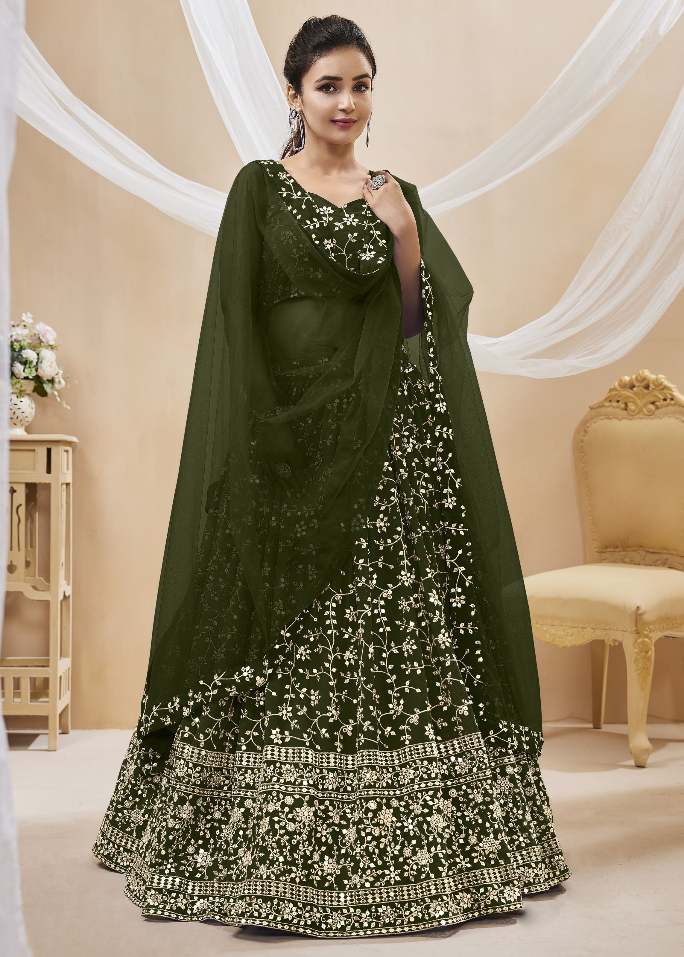 Green Georgette Lehenga Choli With Sequins Zari Embroidered Work