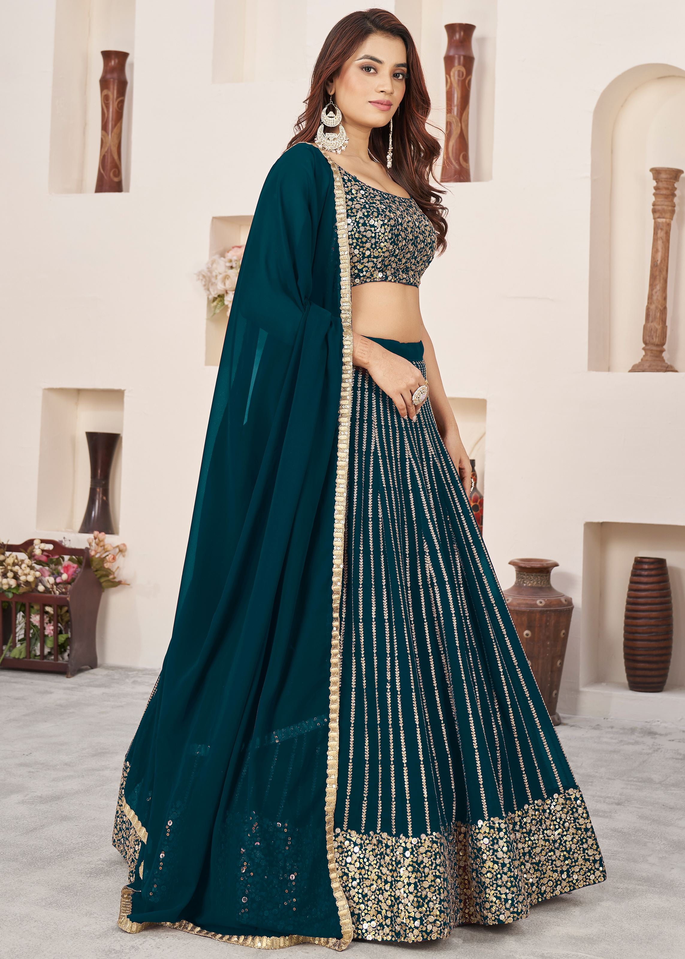 Green Georgette Lehenga Choli With Sequins Zari Embroidered Work