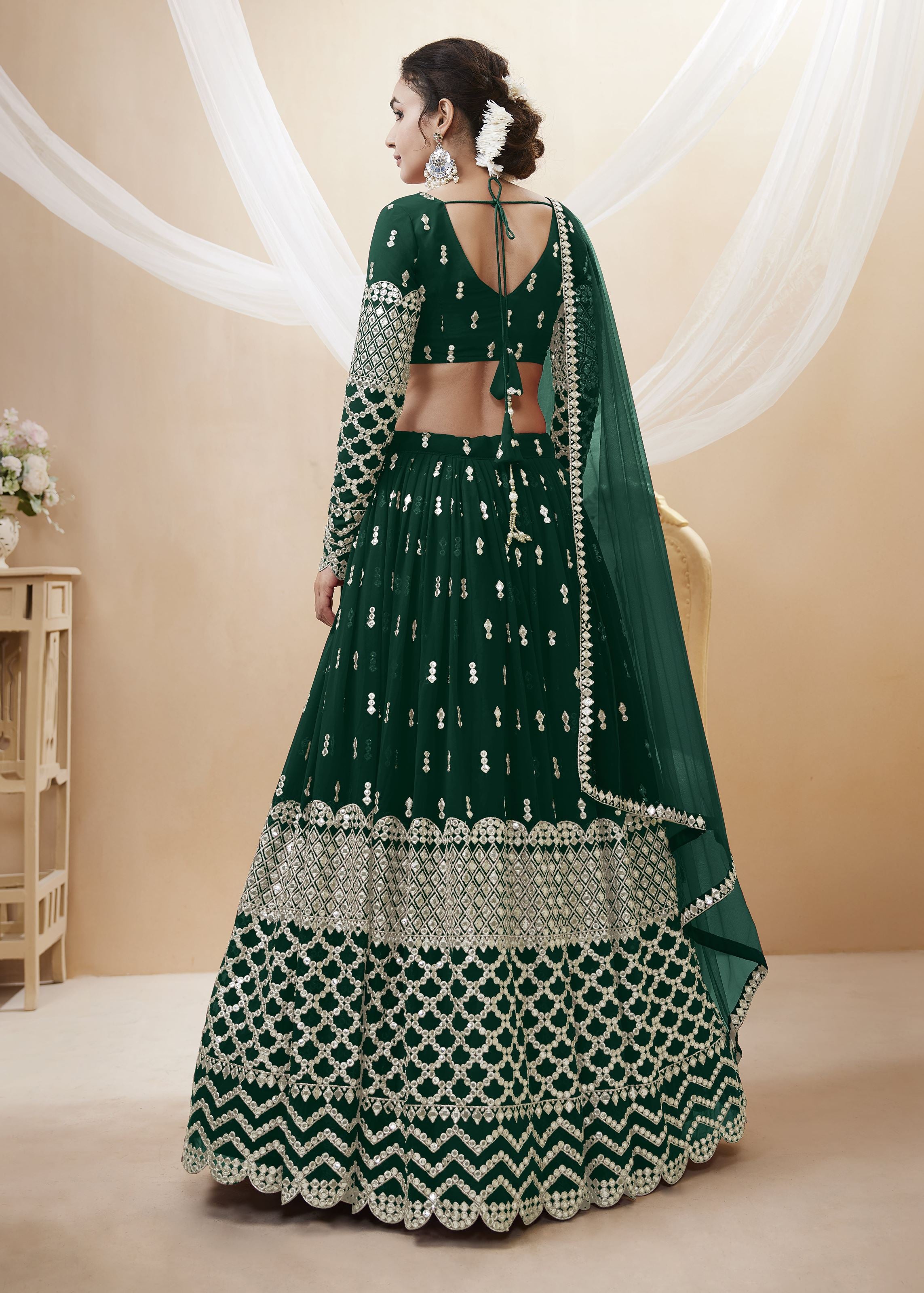 Green Georgette Lehenga Choli With Sequins Zari Embroidered Work