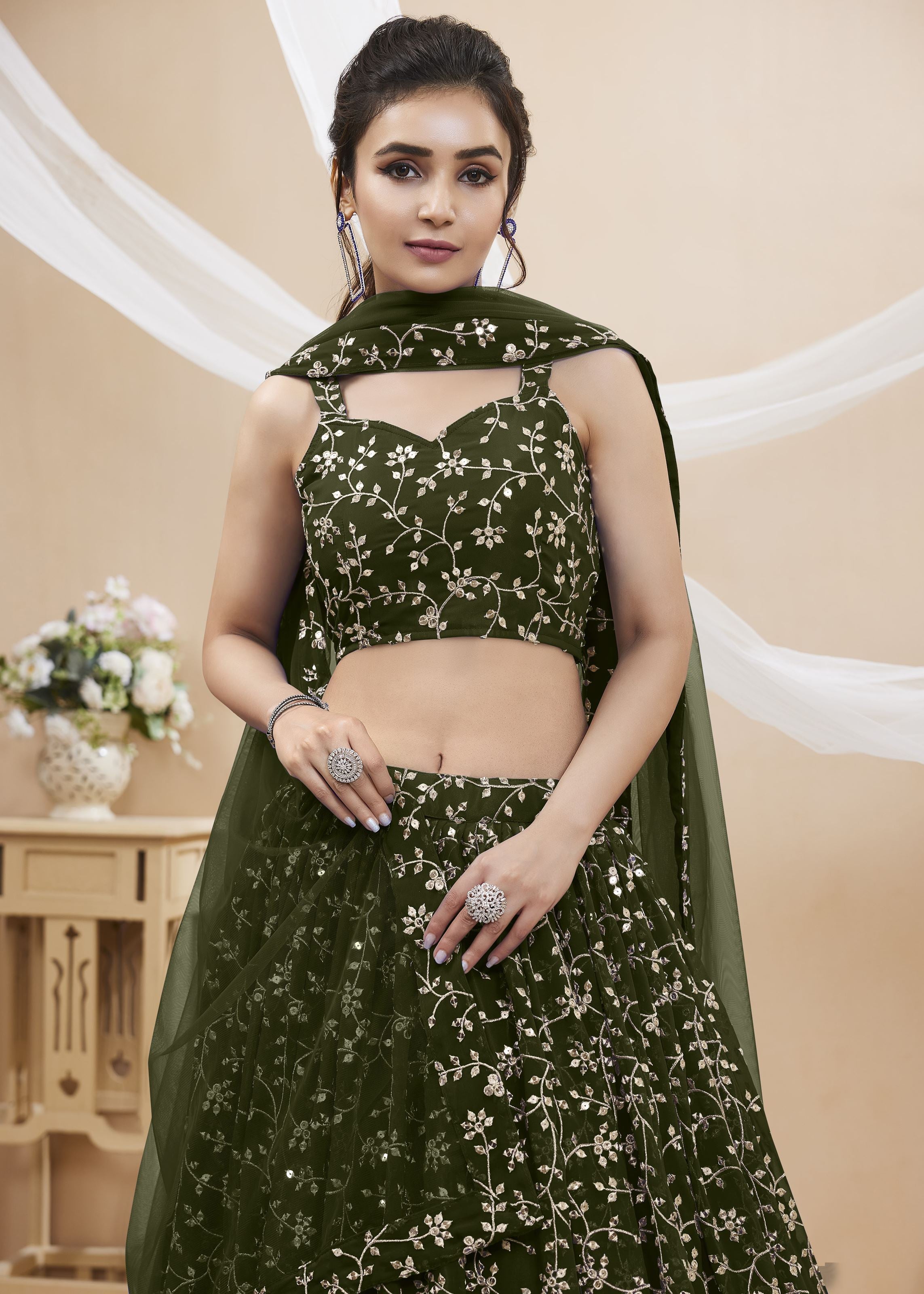Green Georgette Lehenga Choli With Sequins Zari Embroidered Work