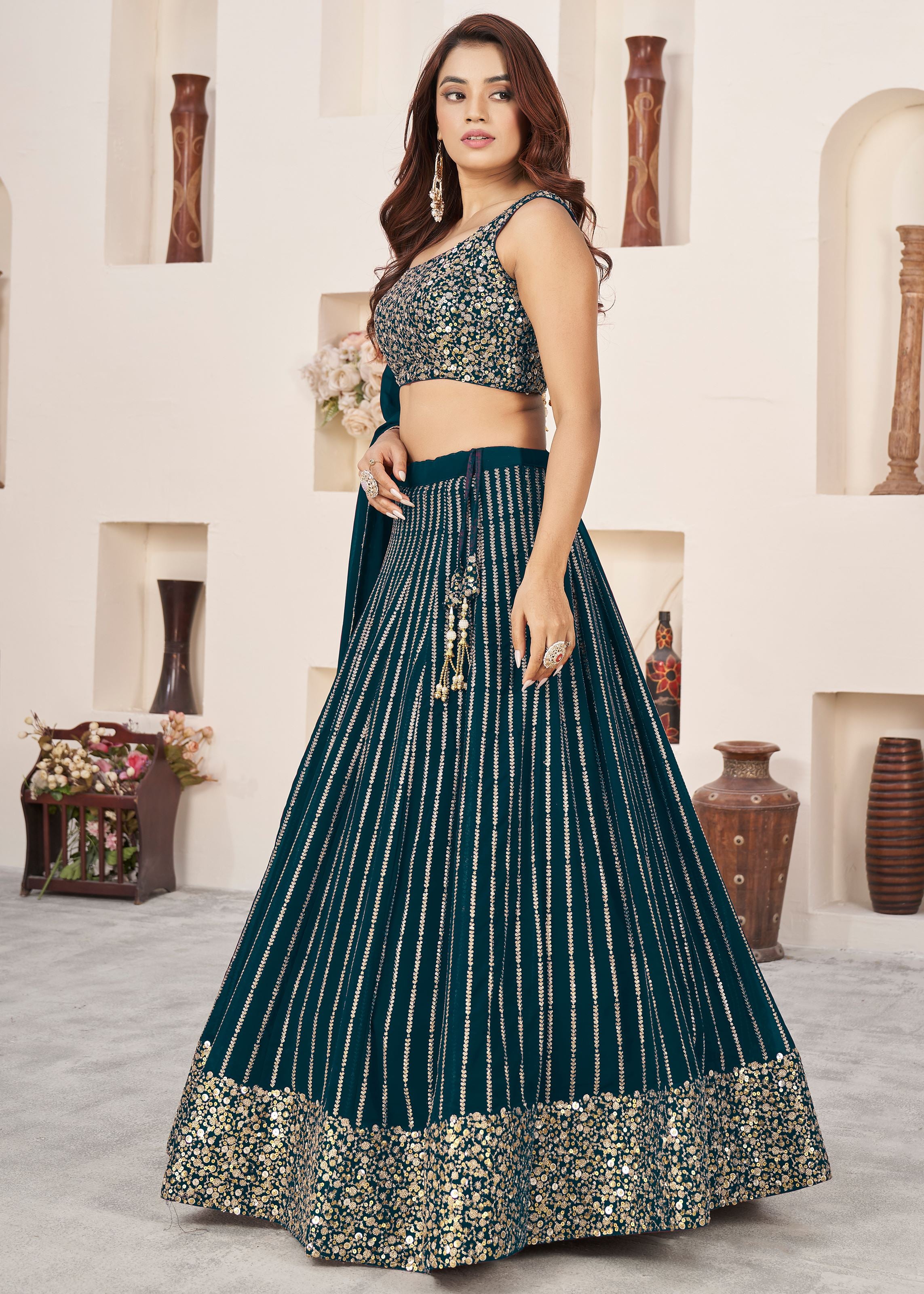 Green Georgette Lehenga Choli With Sequins Zari Embroidered Work