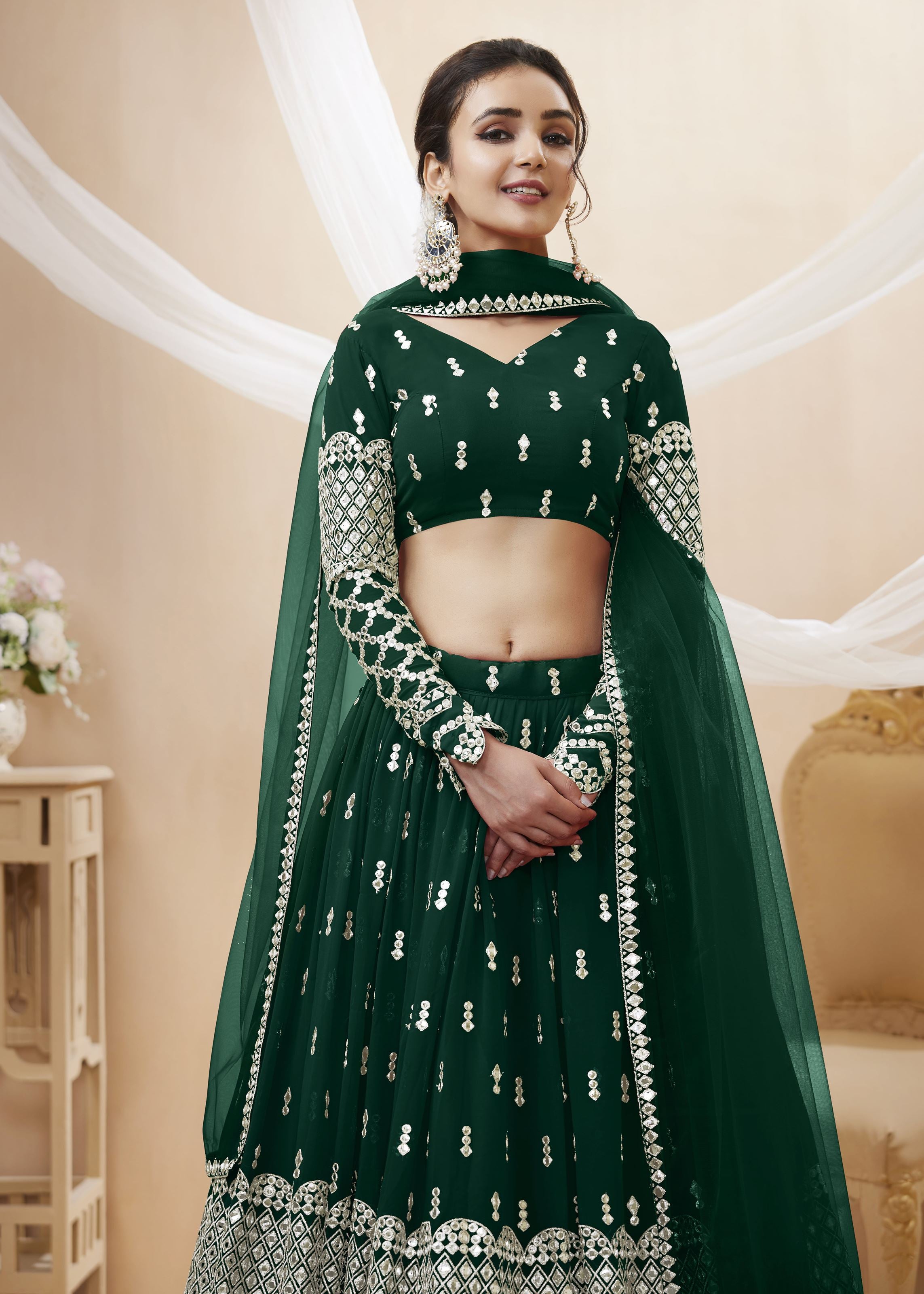 Green Georgette Lehenga Choli With Sequins Zari Embroidered Work