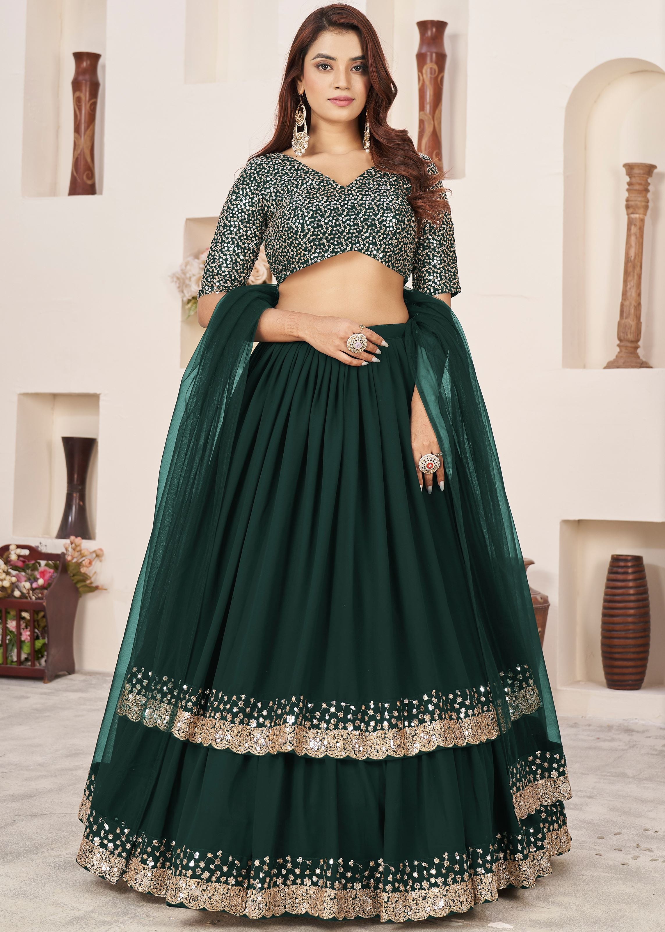 Green Georgette Lehenga Choli With Sequins Zari Embroidered Work