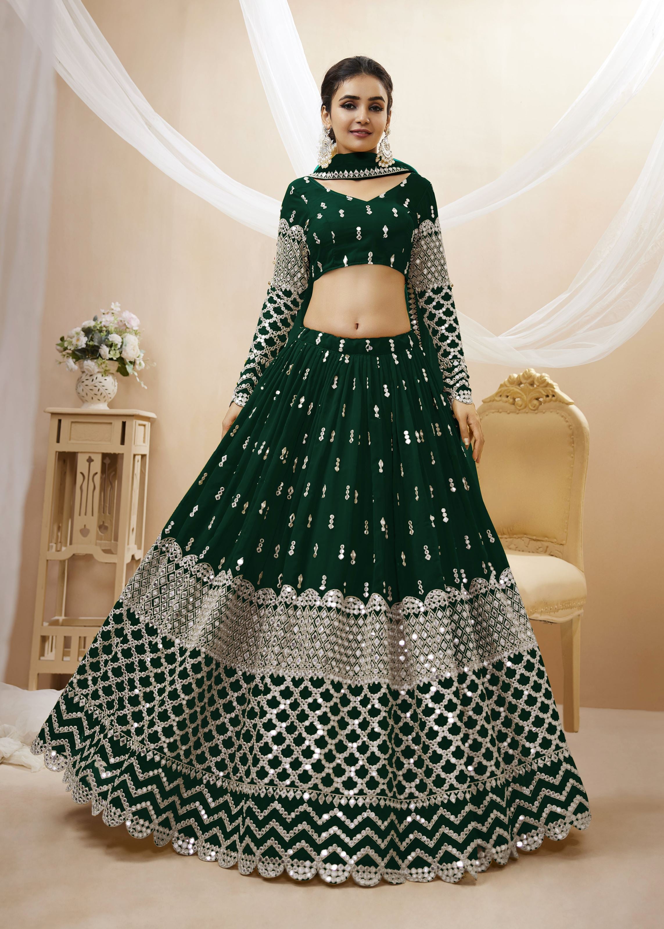 Green Georgette Lehenga Choli With Sequins Zari Embroidered Work
