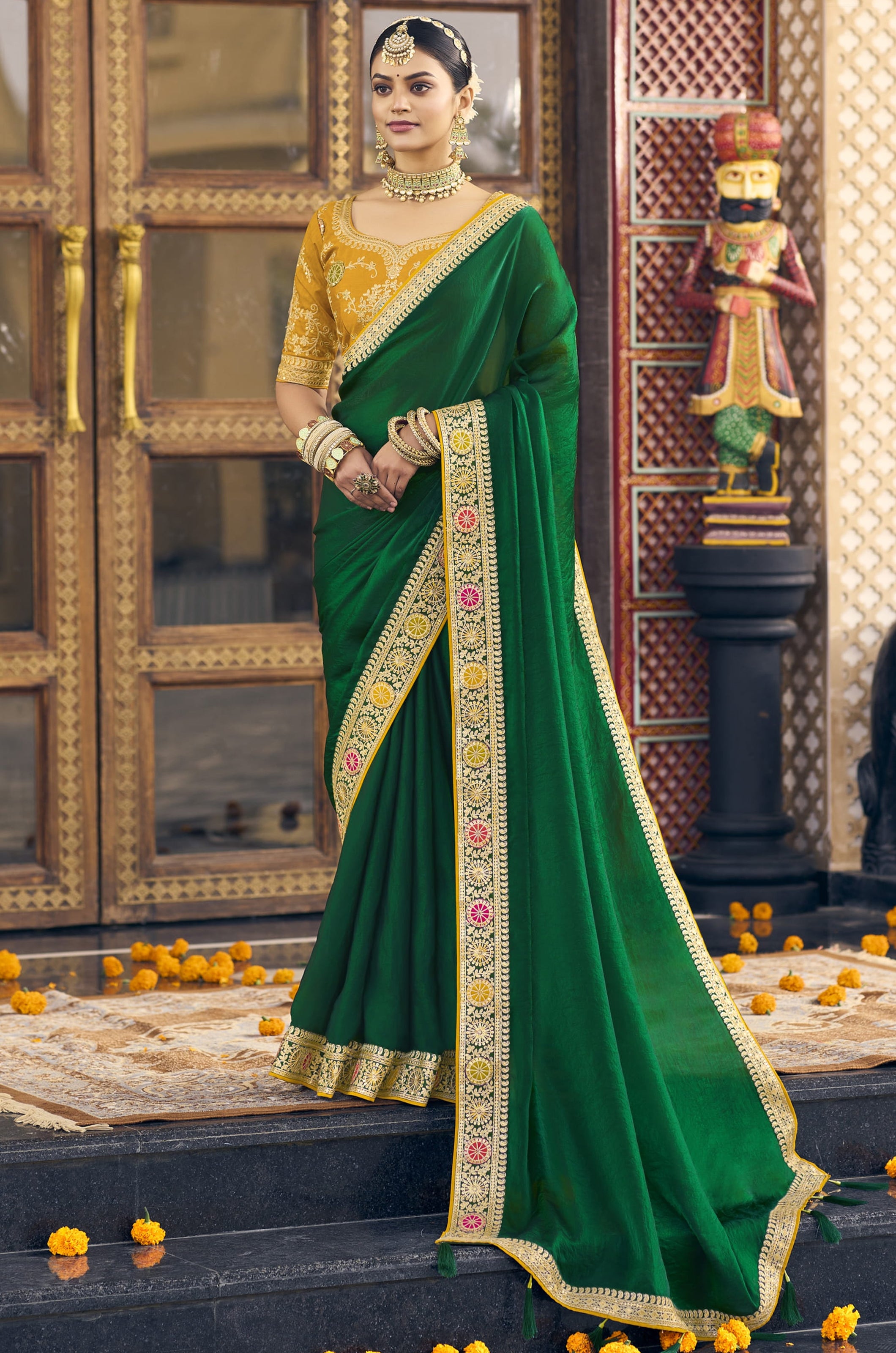Green Georgette Plain Saree With Embroidered Lace Border