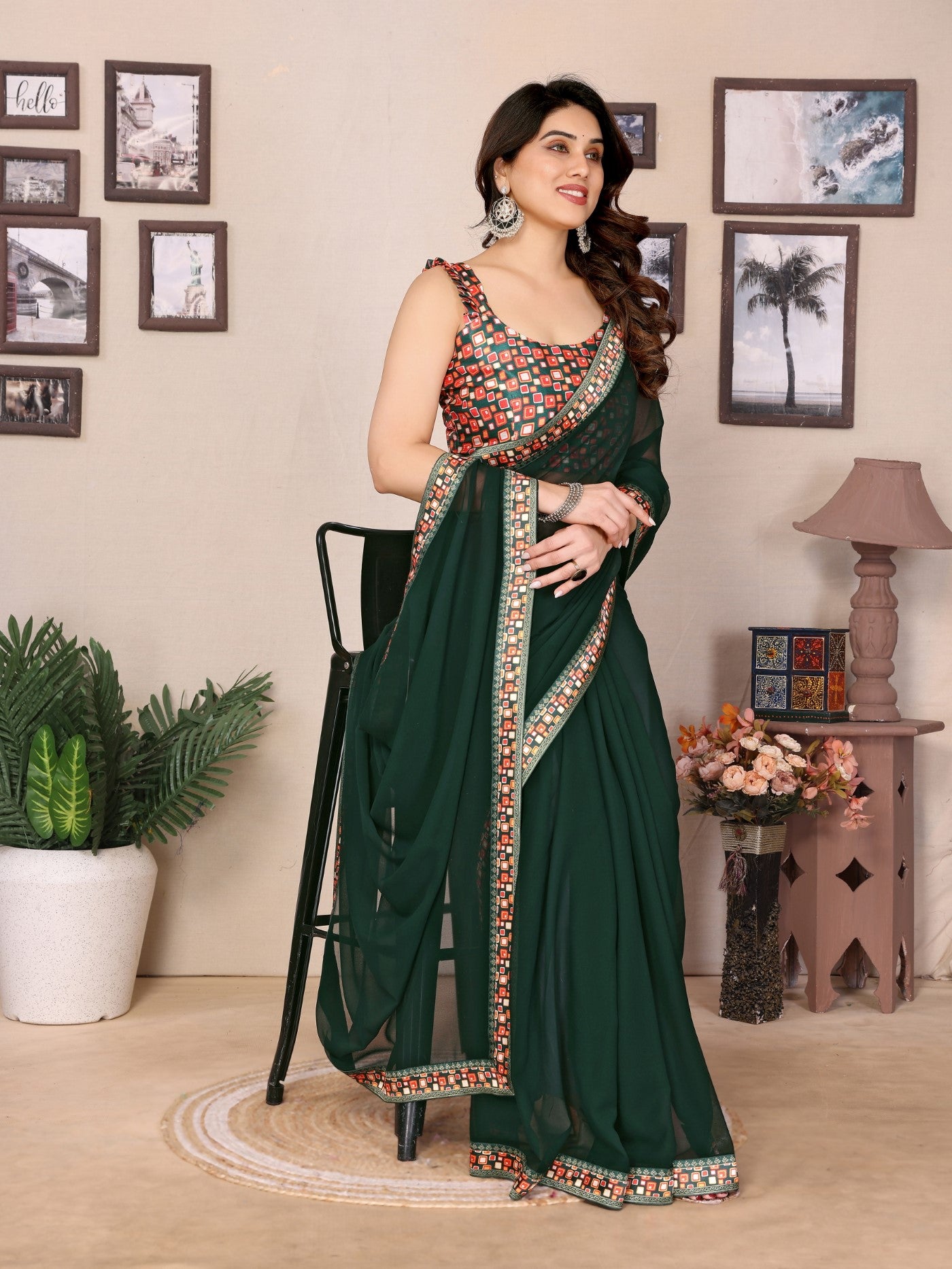 Green Georgette Saree With Plain Design And Digital Print Blouse