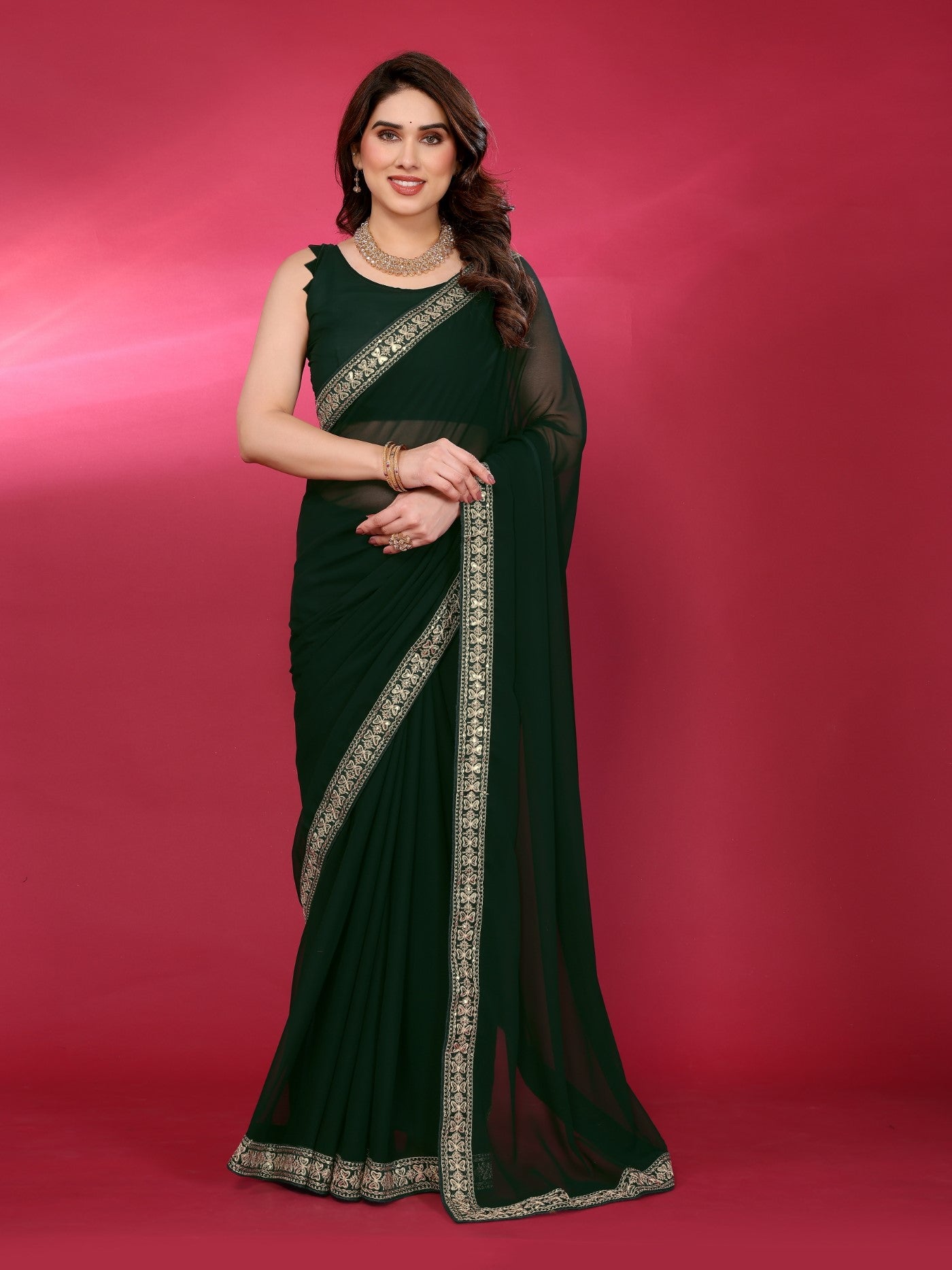 Green Georgette Saree With Plain Saree With Embroidery Work Lace
