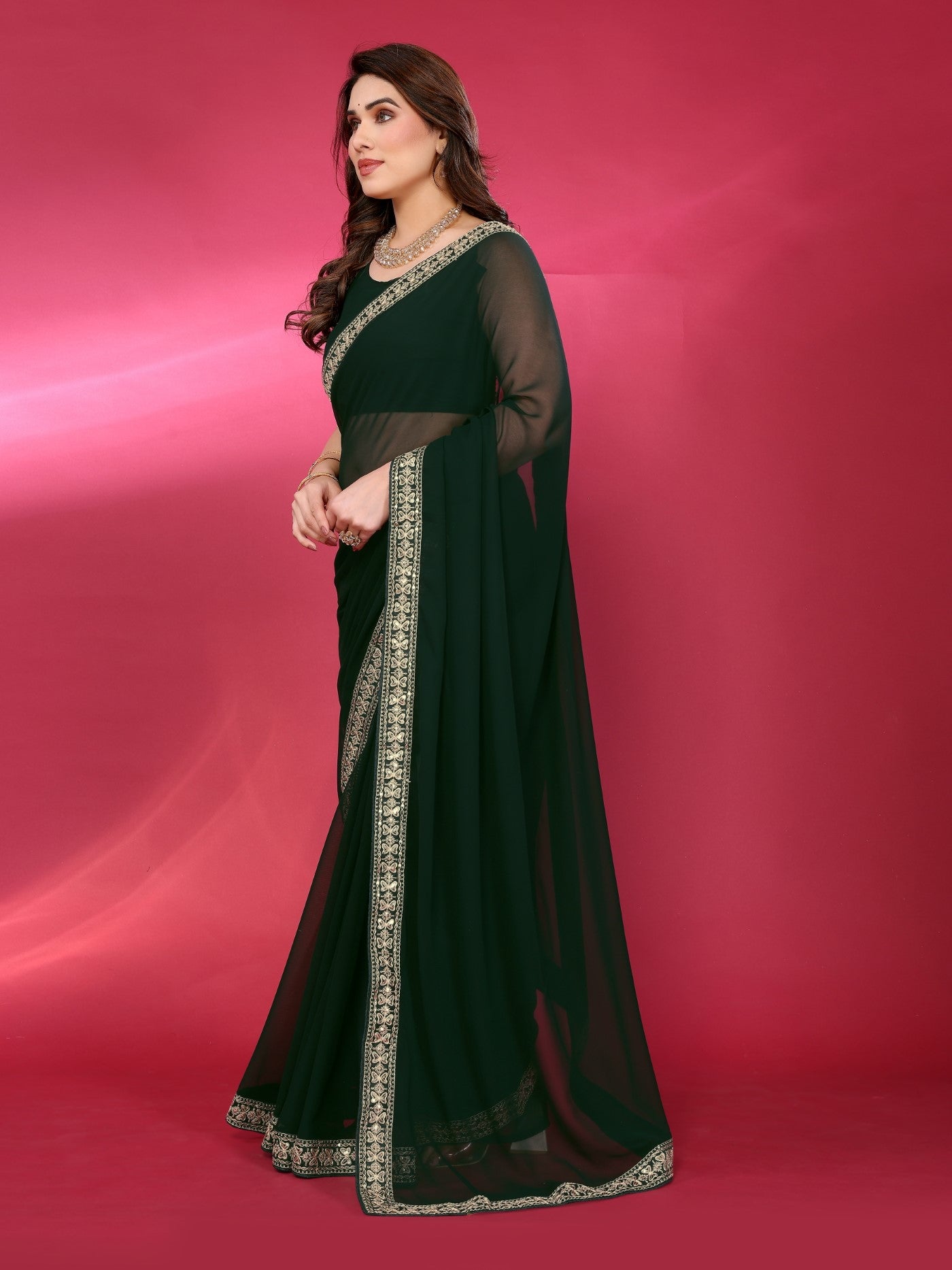 Green Georgette Saree With Plain Saree With Embroidery Work Lace