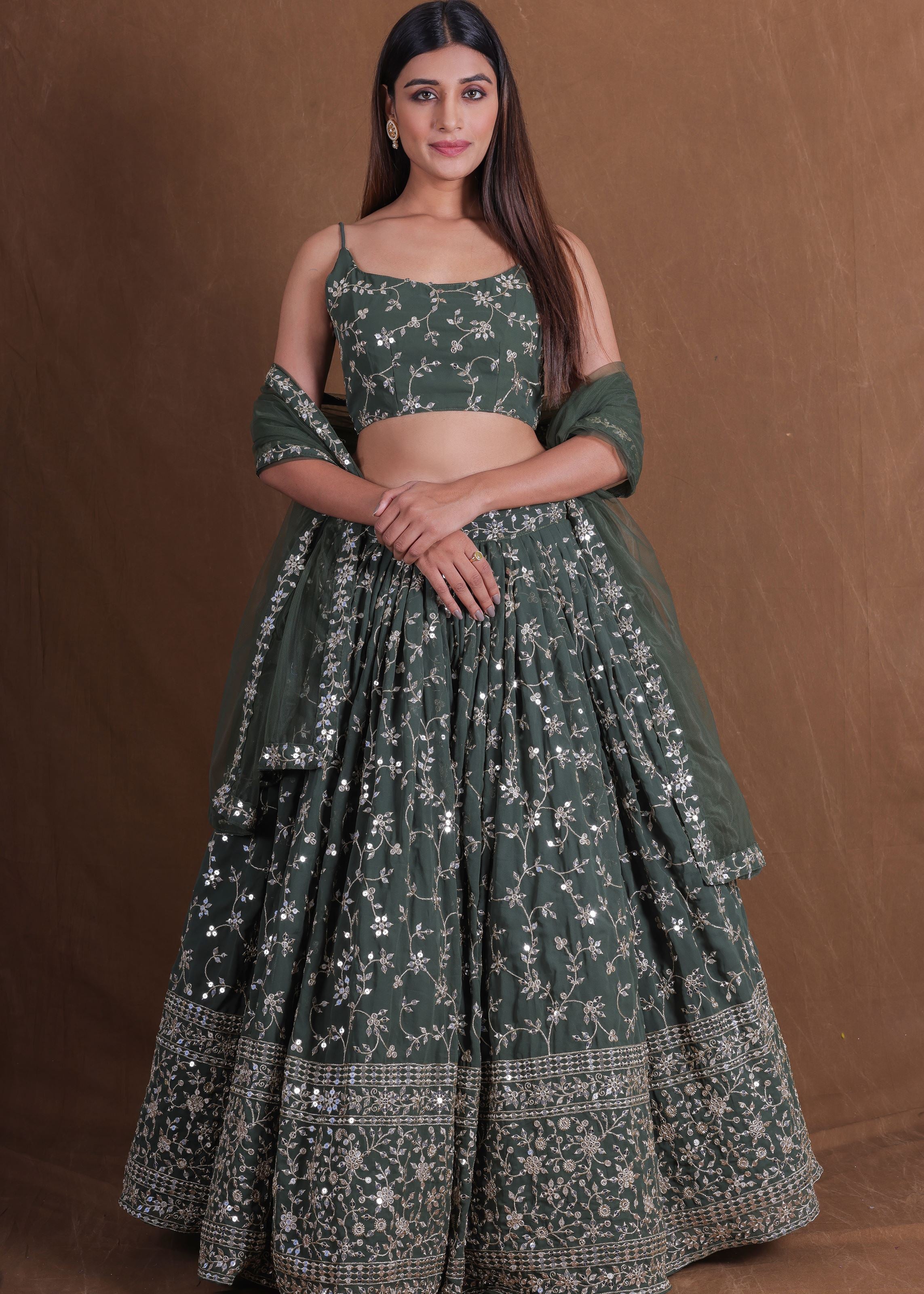 Green Georgette Sequence Embroidery Work Lehenga Choli