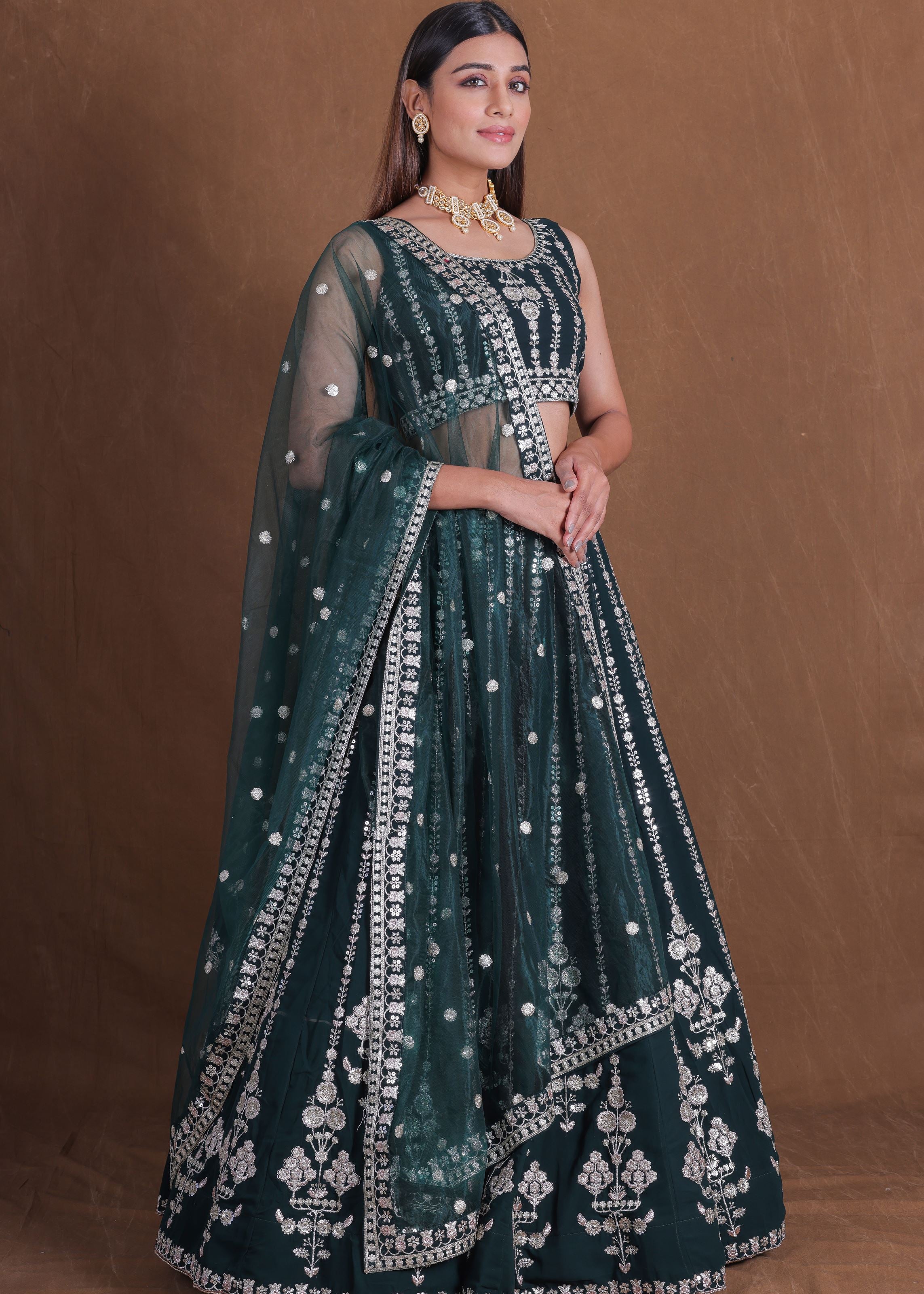 Green Georgette Thread Sequence Embroidery Work Lehenga Choli