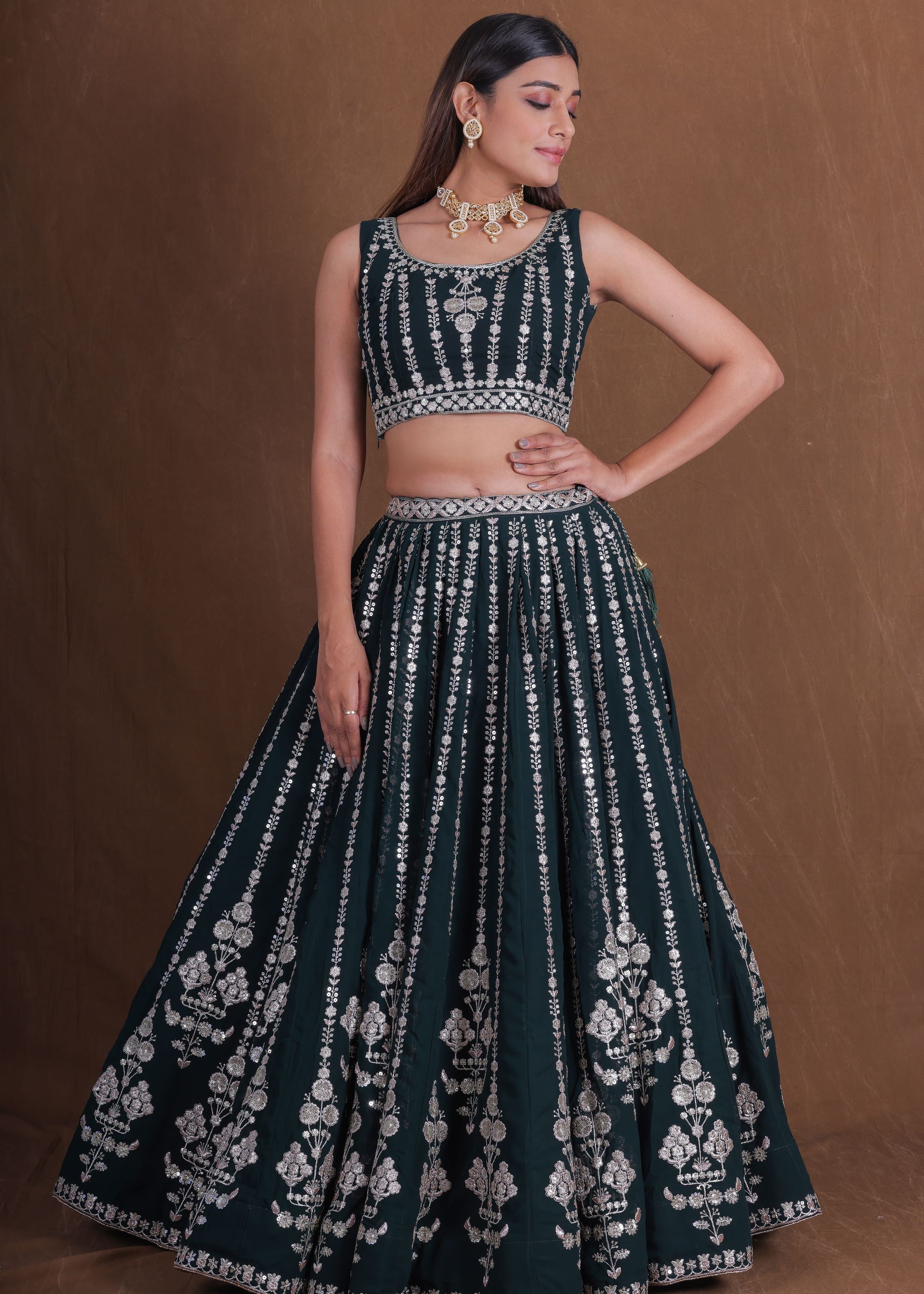 Green Georgette Thread Sequence Embroidery Work Lehenga Choli