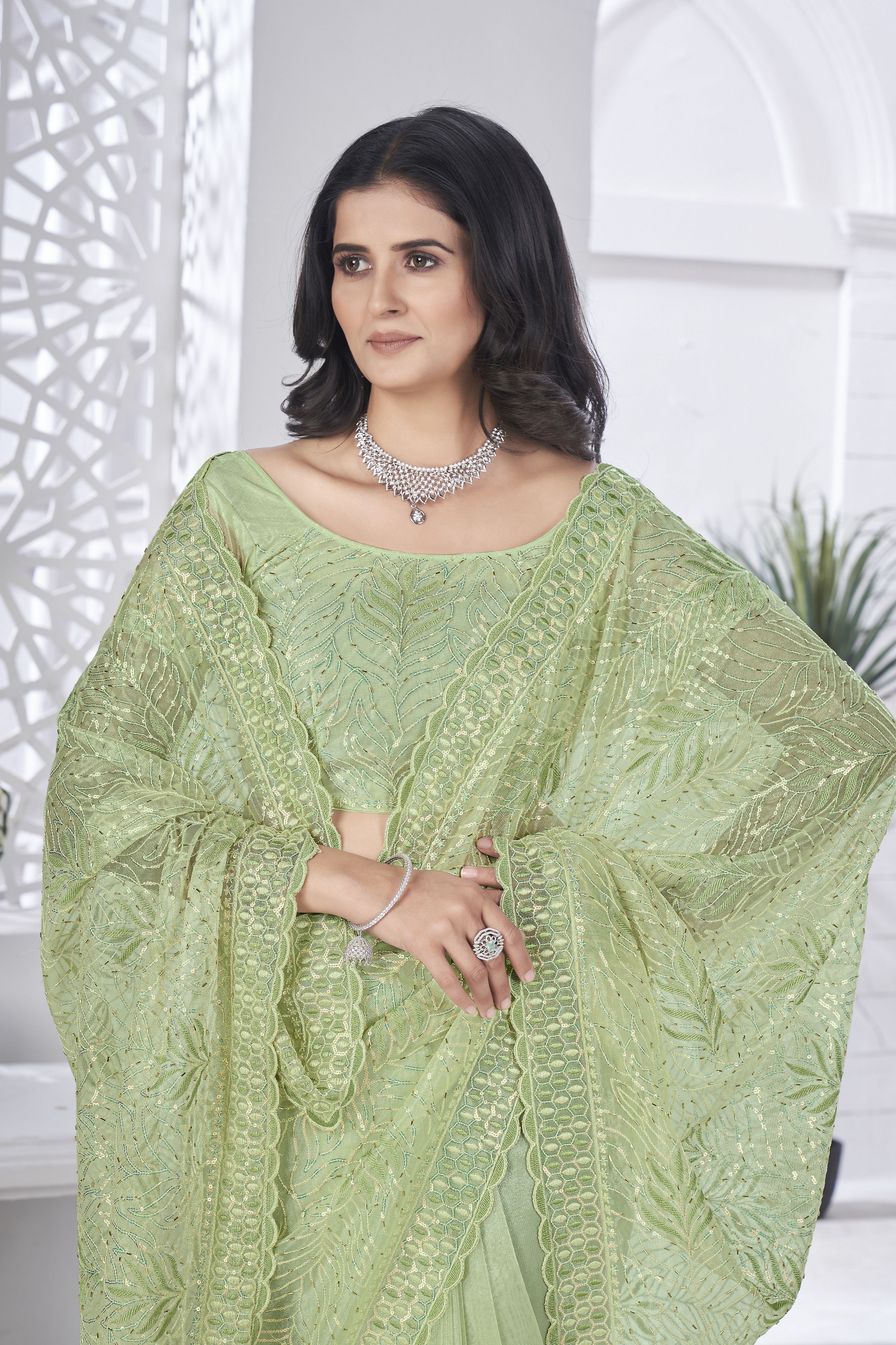 Green Girlie Tissue Net Designer Embroidered Saree