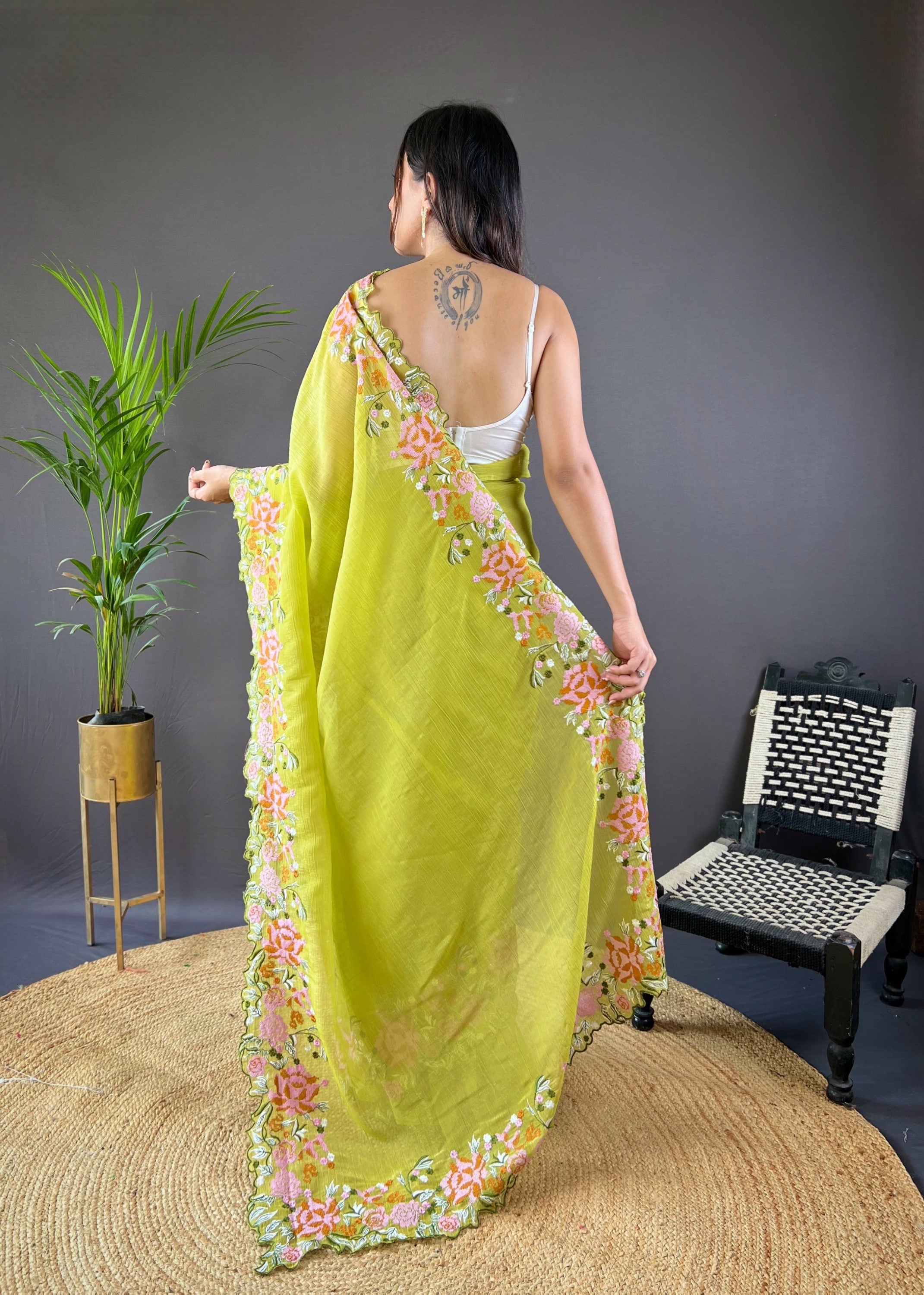 Green Glossy Silk Cross Stich Embroidery Cut Work Adorable Partywear Girlie Saree